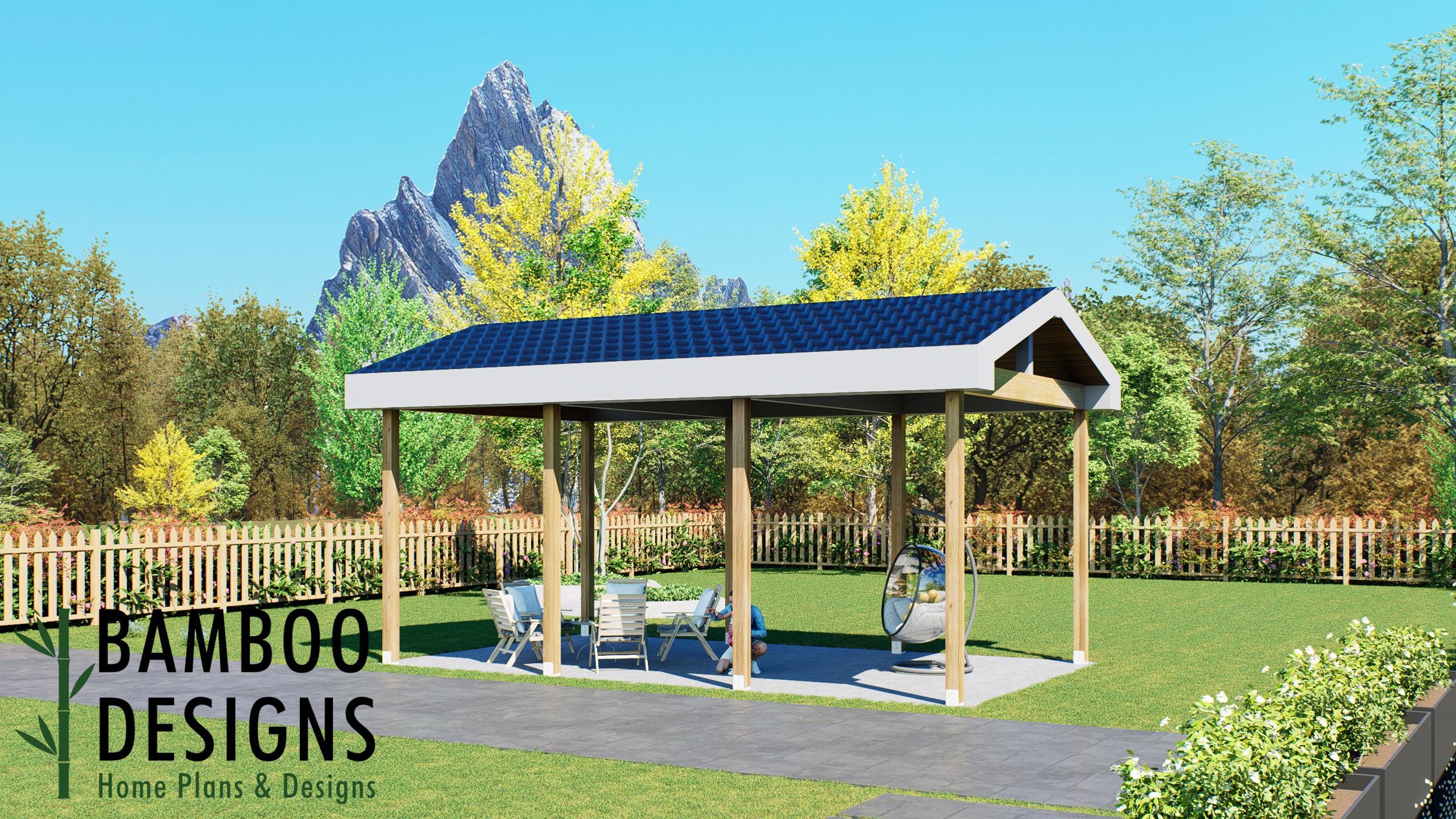 Image of Barbe 14'x32' Pavilion Plan – A Spacious Outdoor Pavilion for Backyard Living & Entertaining | DIY Plans