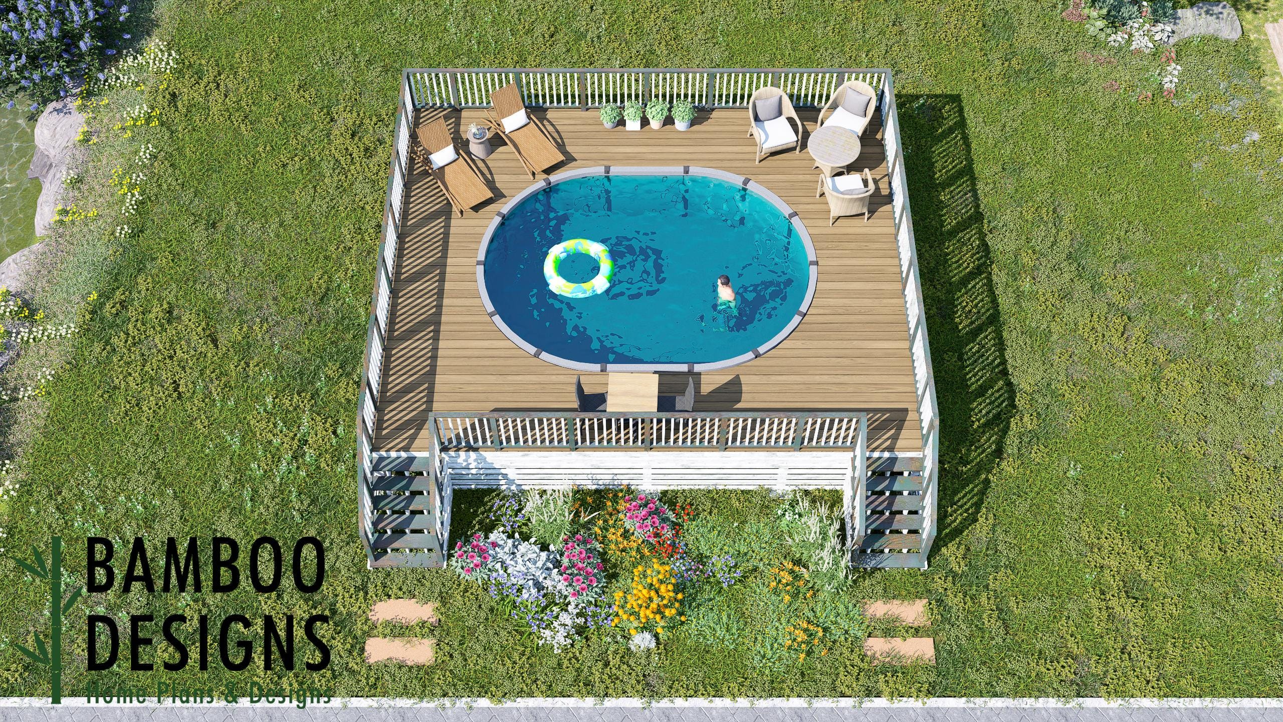 Image of Imane Oval Pool Deck Plan - 25'x30' Luxury Above-Ground Pool Deck for 14'x20' Oval Pools with Staircase & Railings | DIY PDF Plans