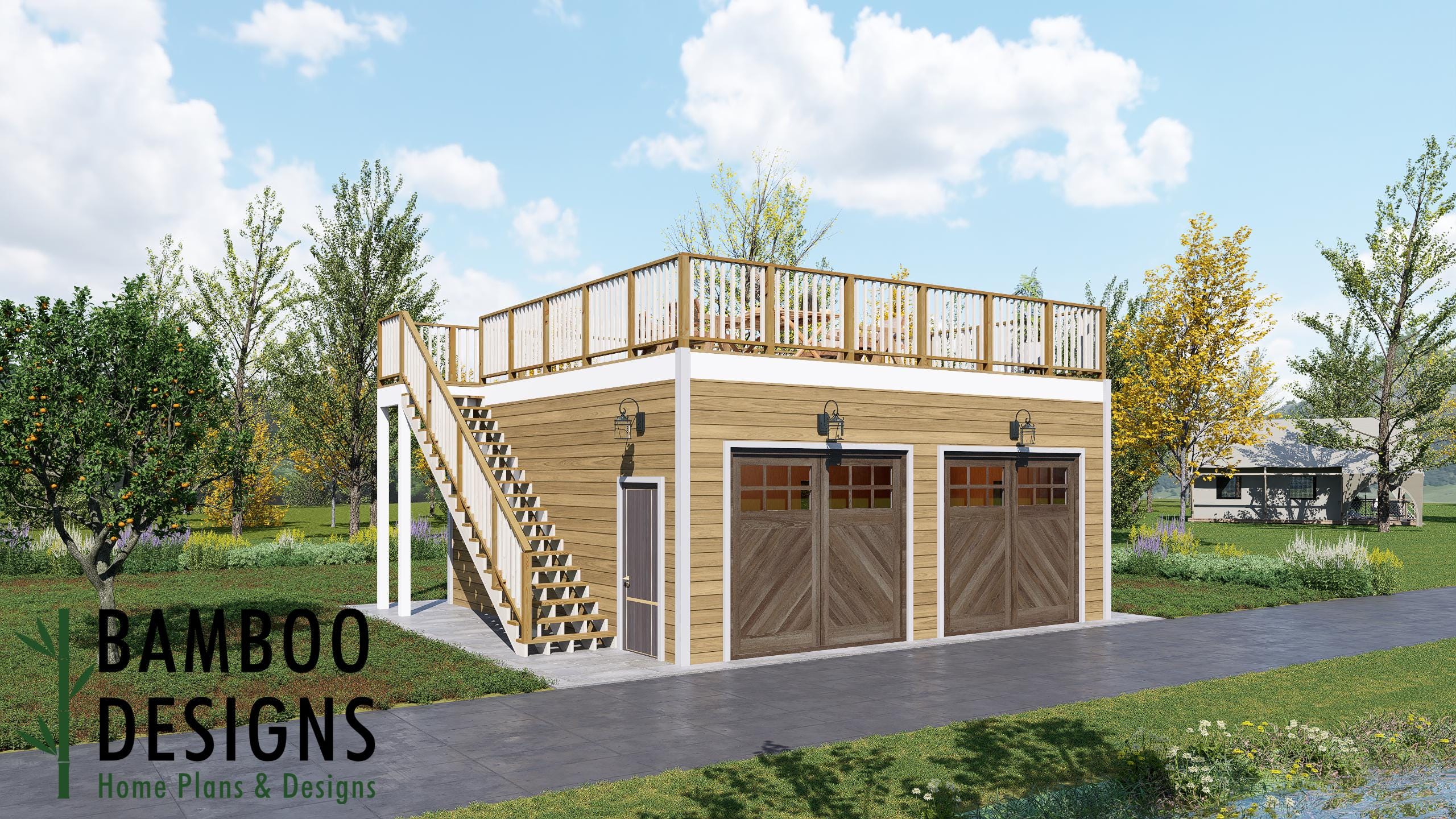 Image of Alba 24x24 Garage Shed Plan - Two-Car Garage with Full Deck Above | DIY PDF Plans, Rooftop Deck Garage, Backyard Workshop Build