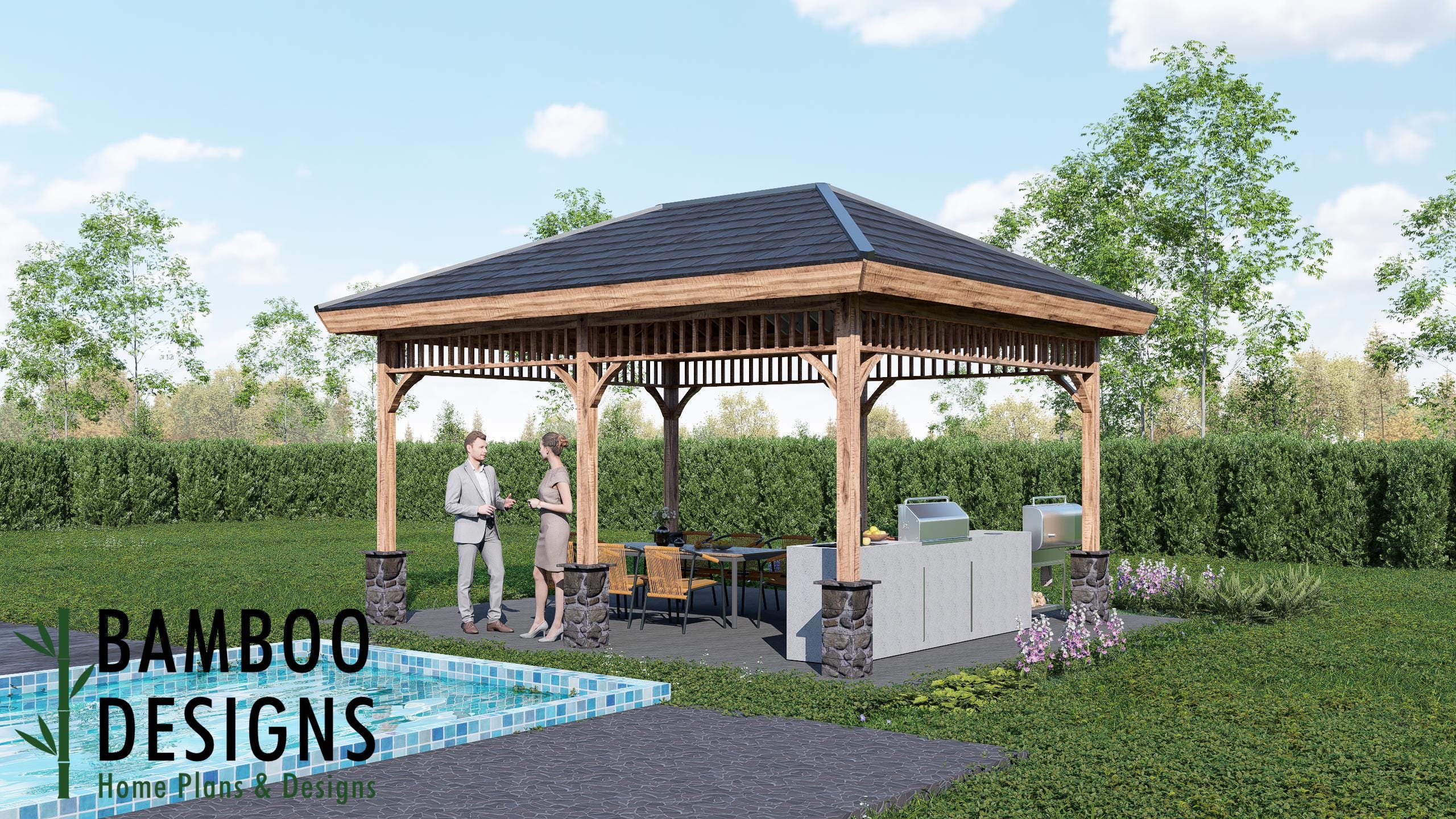 Plan de belvédère à toit en croupe d'Athènes 16 x 20 - Pavillon d'extérieur à monter soi-même | Abri barbecue, salon ou pavillon au bord de la piscine