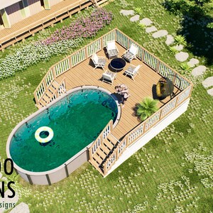Op de afbeelding: Een bovenaanzicht van een ovaal zwembad met een witte zwemband, verbonden met een houten terras met een ronde tafel, vier stoelen en een hangstoel. De tekst BAMBOO DESIGNS Home Plans & Designs is zichtbaar in de linkerbenedenhoek.