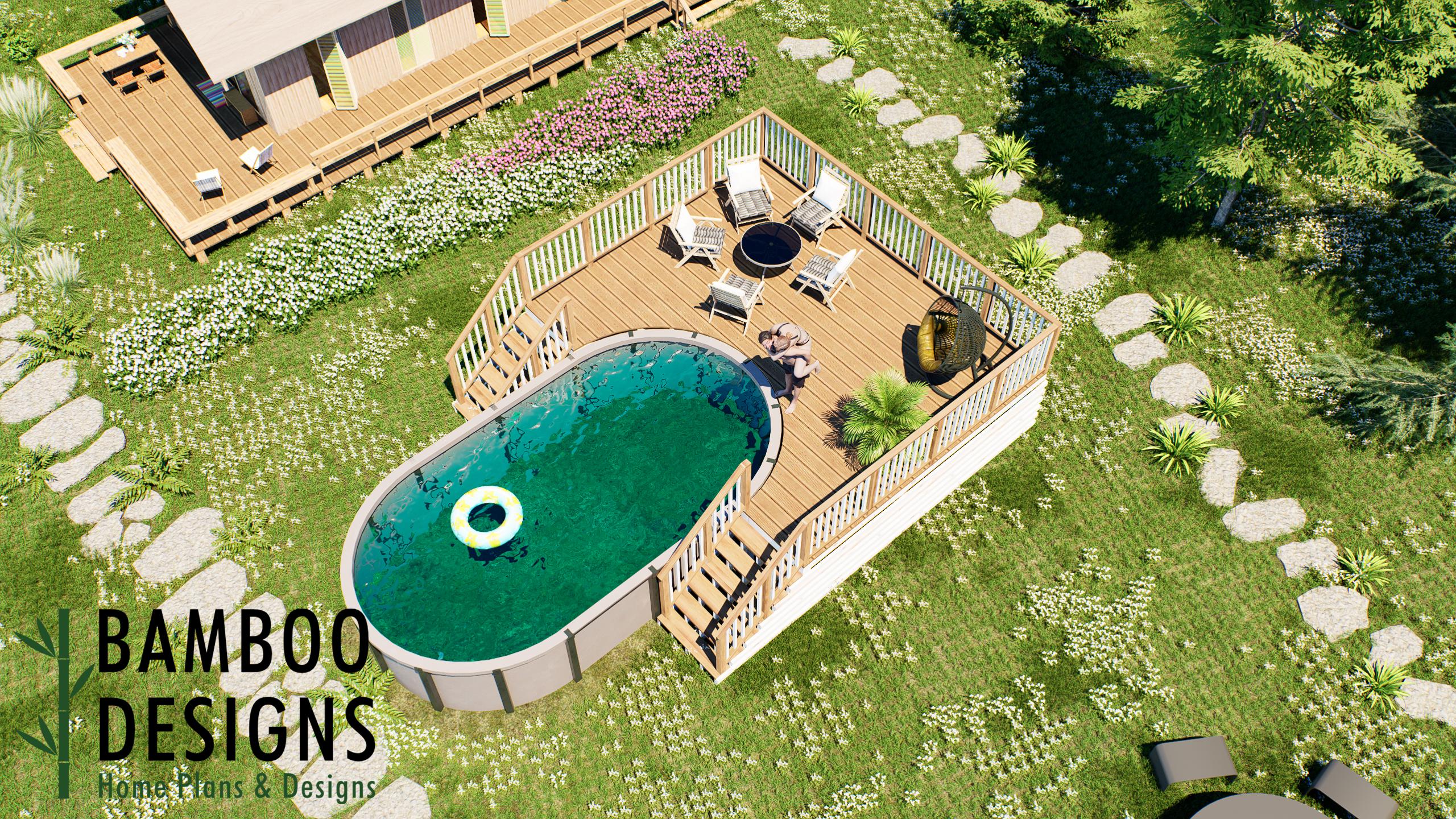 Image of Azumaya Oval Pool Deck Plan - 16'x20' Above-Ground Pool Deck for 12'x21' Oval Pools with Staircase & Railings | DIY PDF Plans