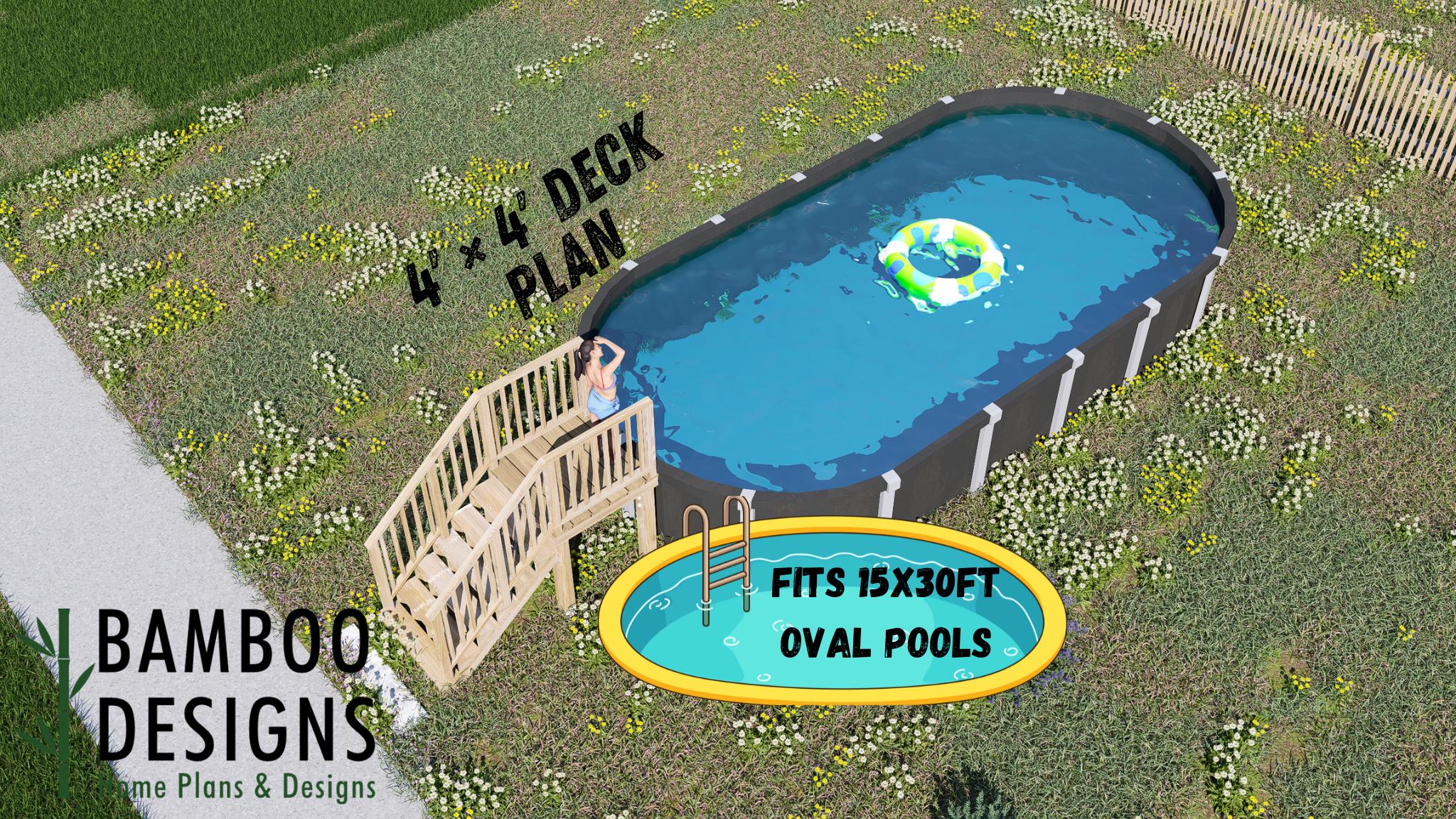 Image of Mellow Oval Pool Deck Plan - 4x4 Pool Deck for 15x30 Oval Pools | DIY PDF Plans