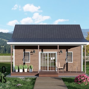 May include: A small, brown cabin with a dark gray roof and a porch. The cabin has a glass sliding door and two windows. There are potted plants on the porch and a small table and chairs. The text "BAMBOO DESIGNS" is in the lower left corner.