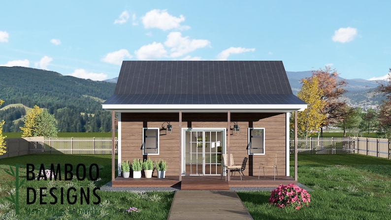 May include: A small, brown cabin with a dark gray roof and a porch. The cabin has a glass sliding door and two windows. There are potted plants on the porch and a small table and chairs. The text "BAMBOO DESIGNS" is in the lower left corner.
