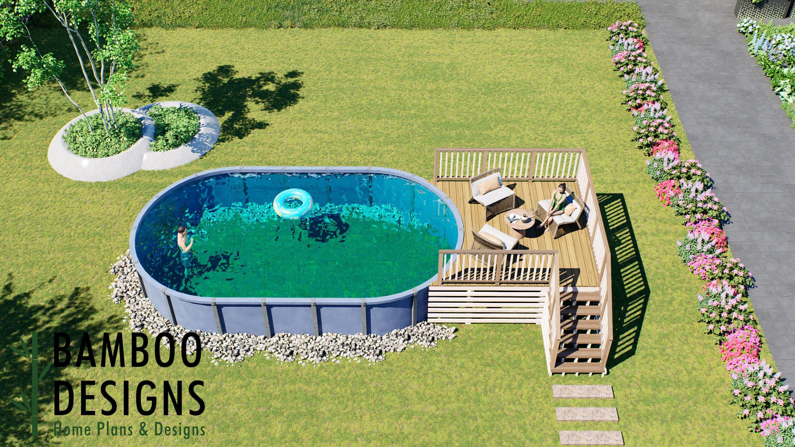 Image of Dara Oval Pool Deck Plan - 10x12 Above-Ground Pool Entry Deck with Staircase & Gathering Platform | DIY PDF Plans