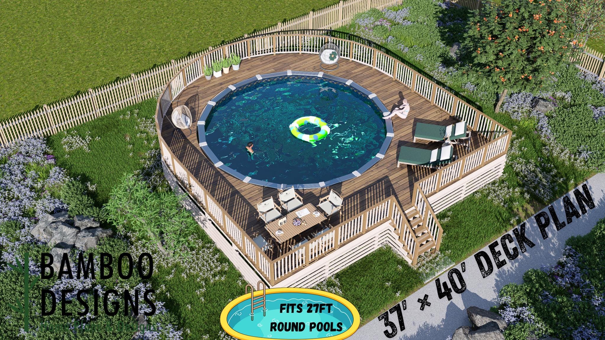 Image of Elysian Waters - 37x40 Round Pool Deck Plan | Wrap-Around Above-Ground Deck | DIY PDF Plans