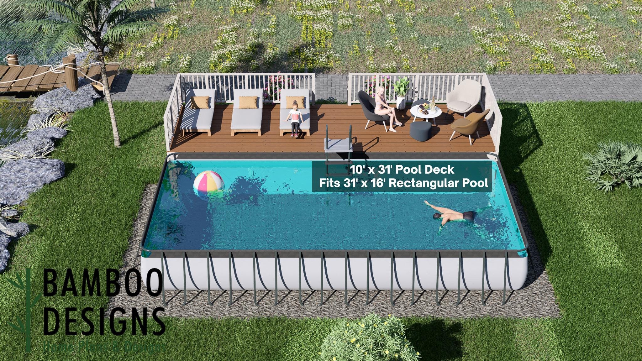 Image of Stone Gate 10x31 Rectangle Pool Deck Plan - Modern Above-Ground Pool Deck with Spacious Lounge & 6-Step Entry | DIY PDF Plans