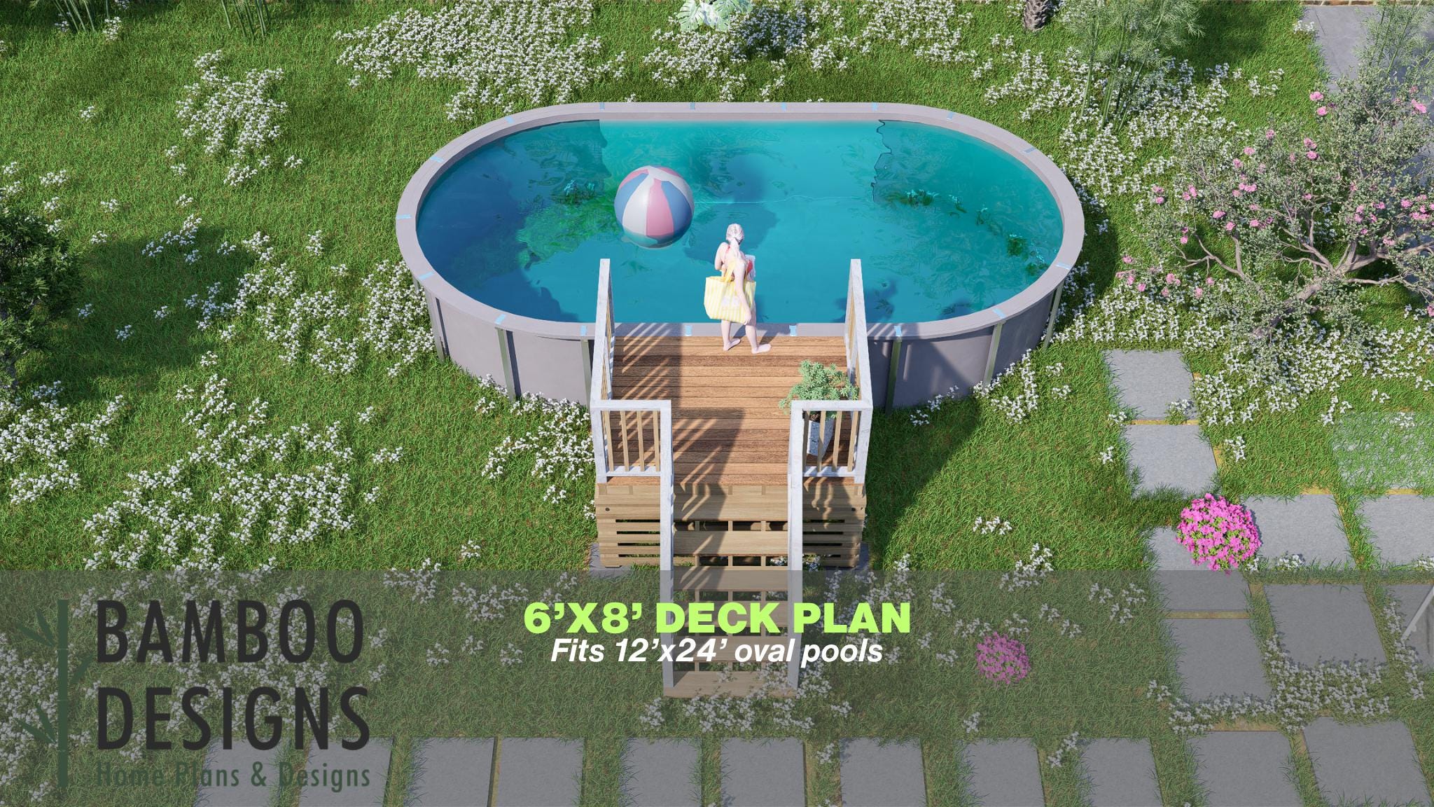 Image of Meadow Spring Pool Deck Plan - 6x8 Oval Pool Entry Deck with Staircase | DIY PDF Plans