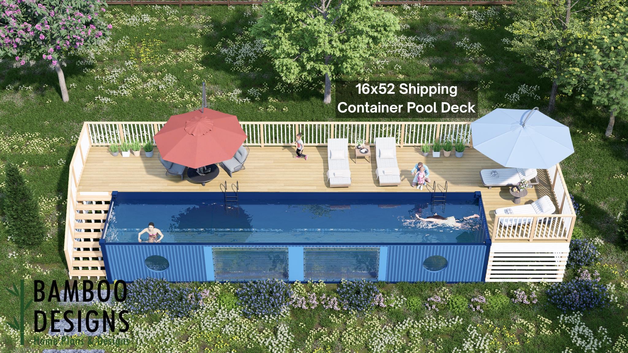 Image of Citrus Container Pool Deck Plan - 16x52 Elevated Long-Side Deck with Railing | PDF + DWG DIY Plans