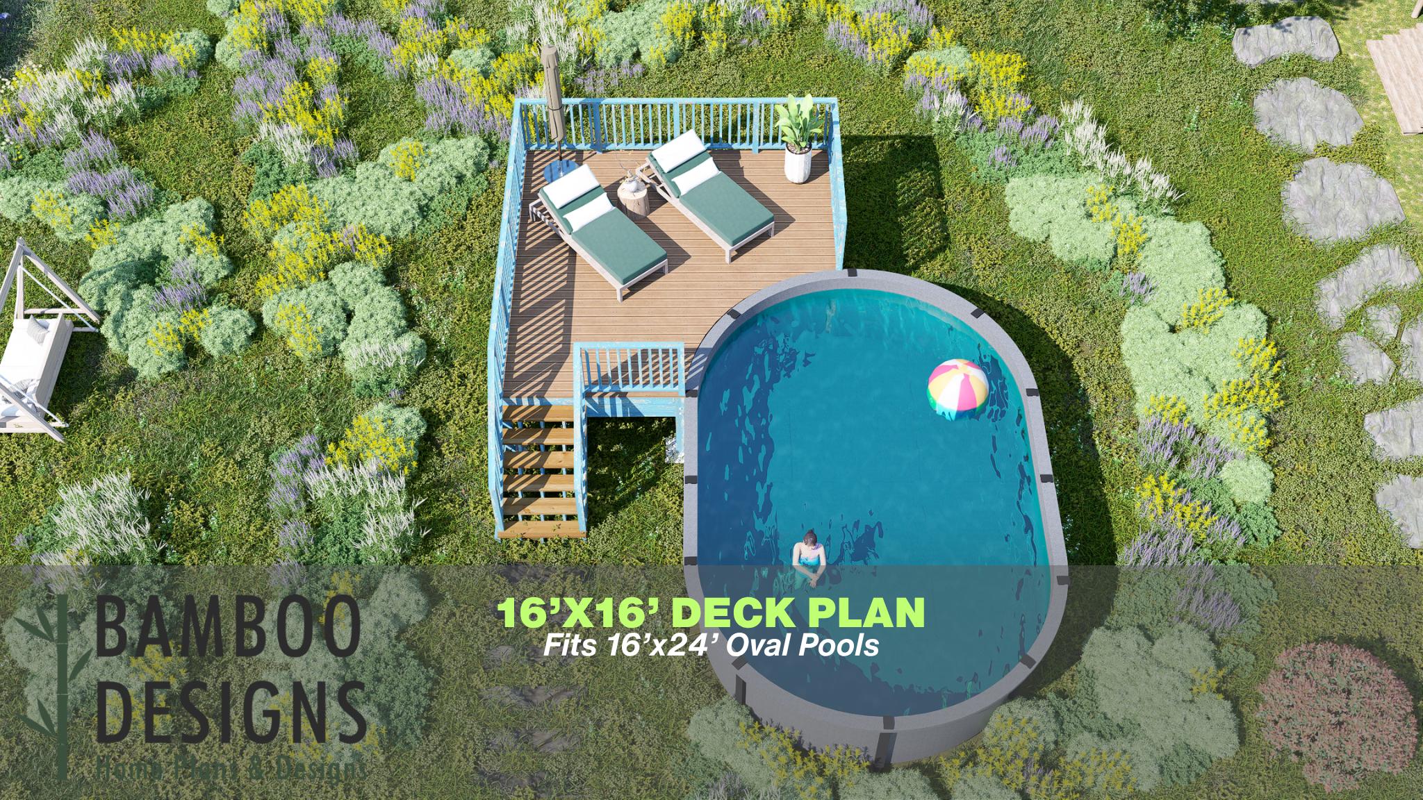 Image of Lapis Oval Pool Deck Plan - 16x16 Spacious Above-Ground Pool Entry Deck for 16x24 Oval Pools | DIY PDF Plans