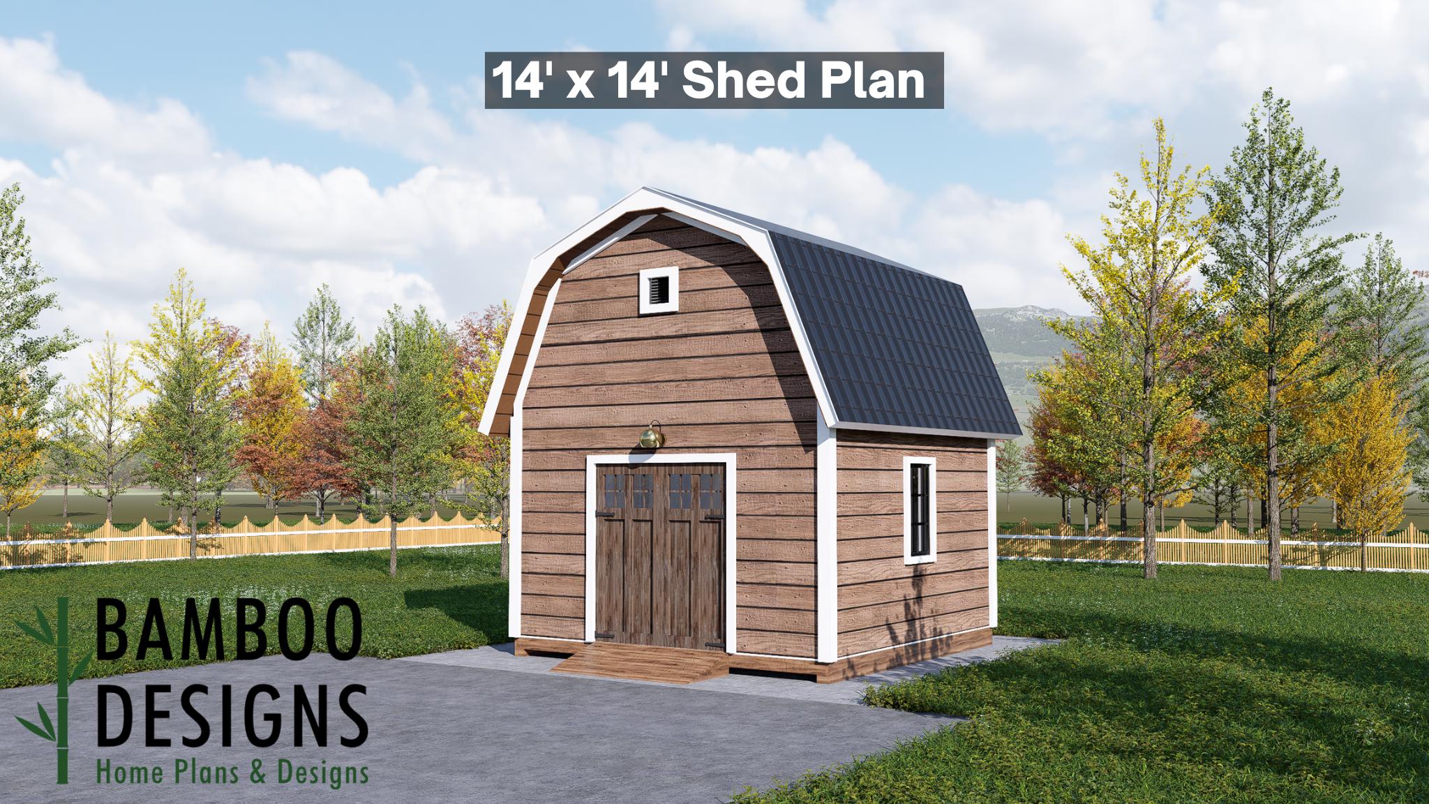 Image of Vance 14x14 Gambrel Roof Shed Plan - Compact Barn-Style Storage & Workspace