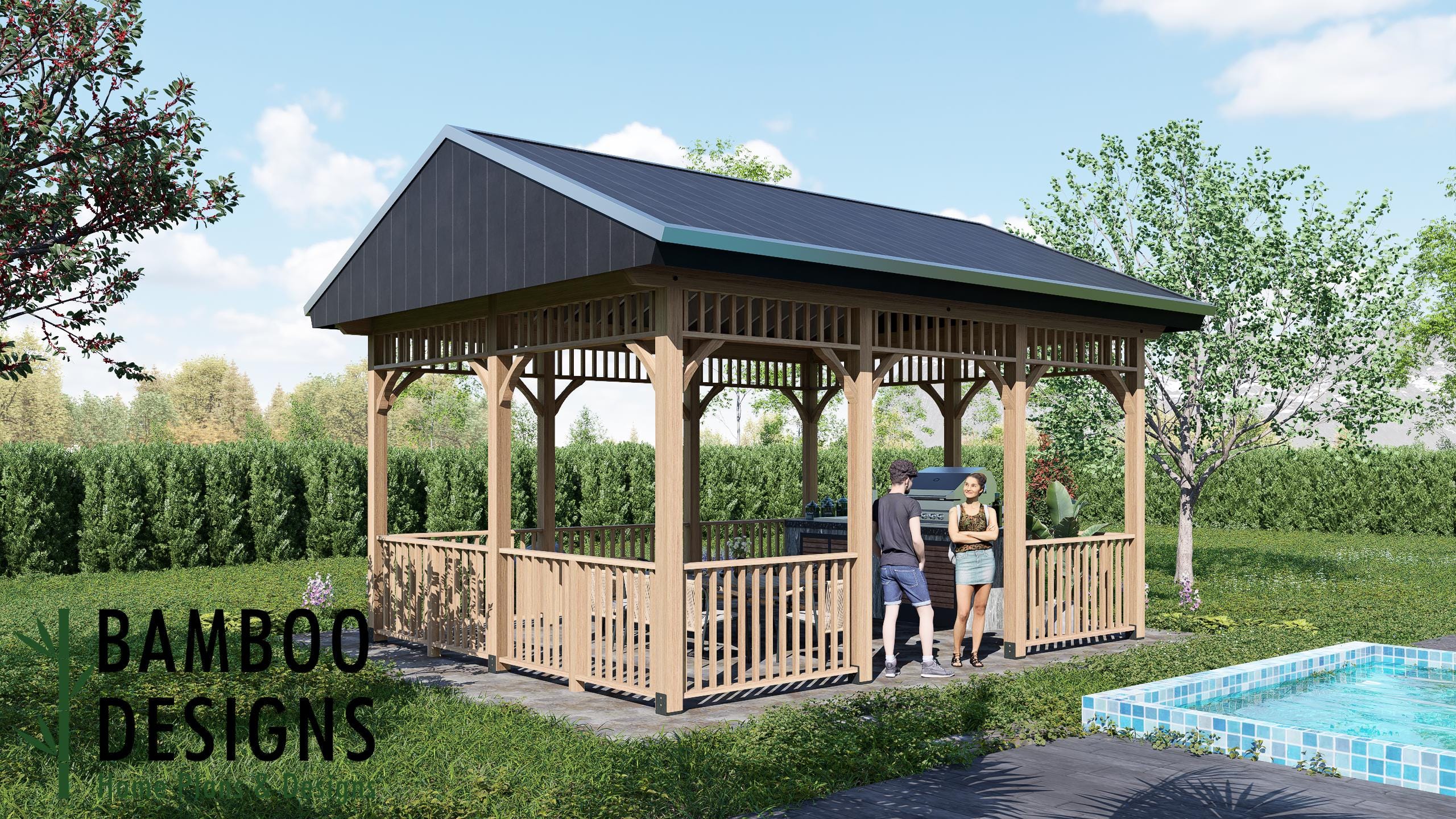 Plan de tonnelle de toit à pignon 16 x 20 Fira - Pavillon d'extérieur à faire soi-même | Abri barbecue dans la cour ou salon au bord de la piscine | P