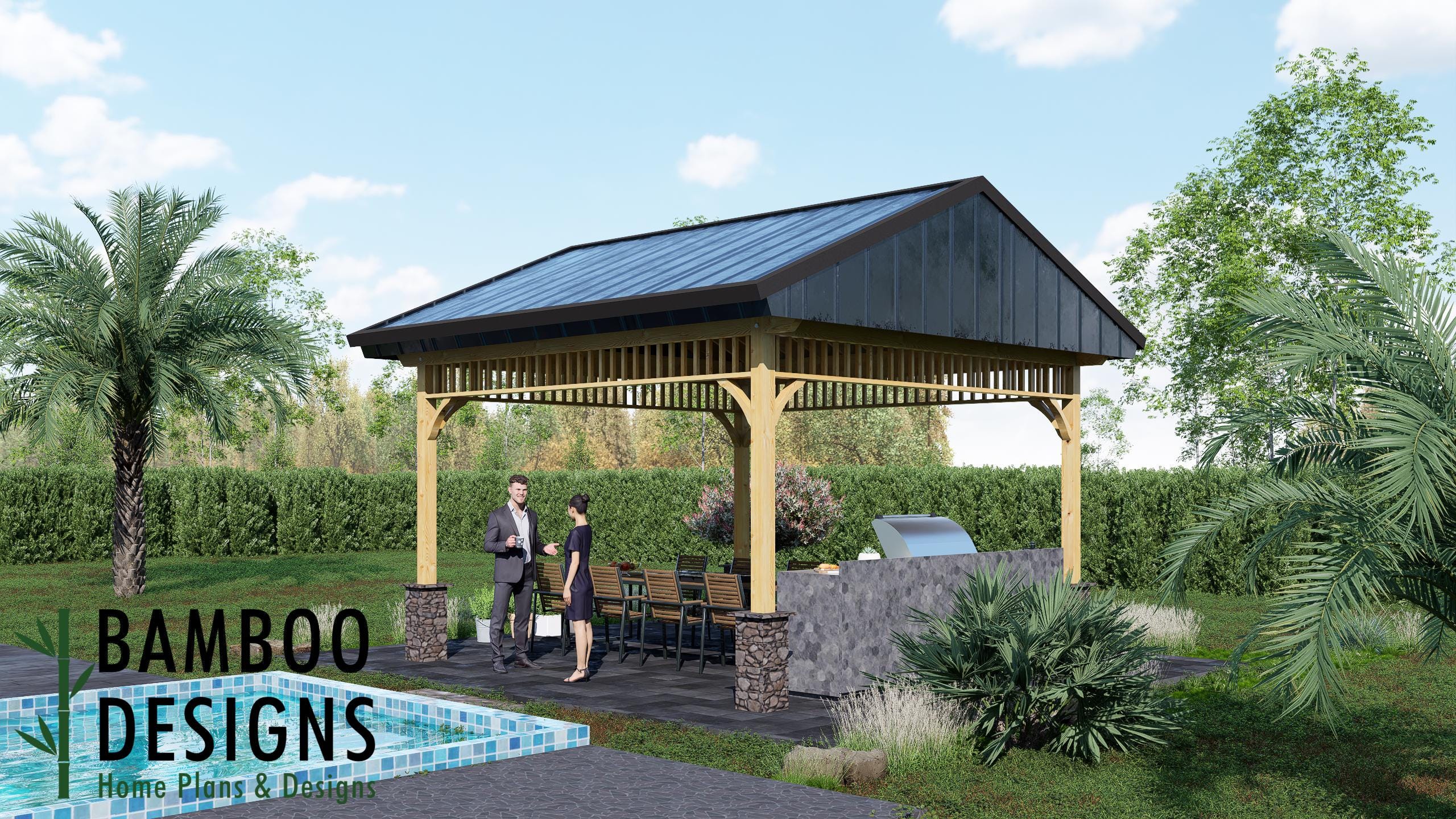 Image of Florence 16x16 Gazebo Plan - Modern Gable Roof Pavilion | DIY Outdoor Dining Shelter | Backyard BBQ & Lounge PDF