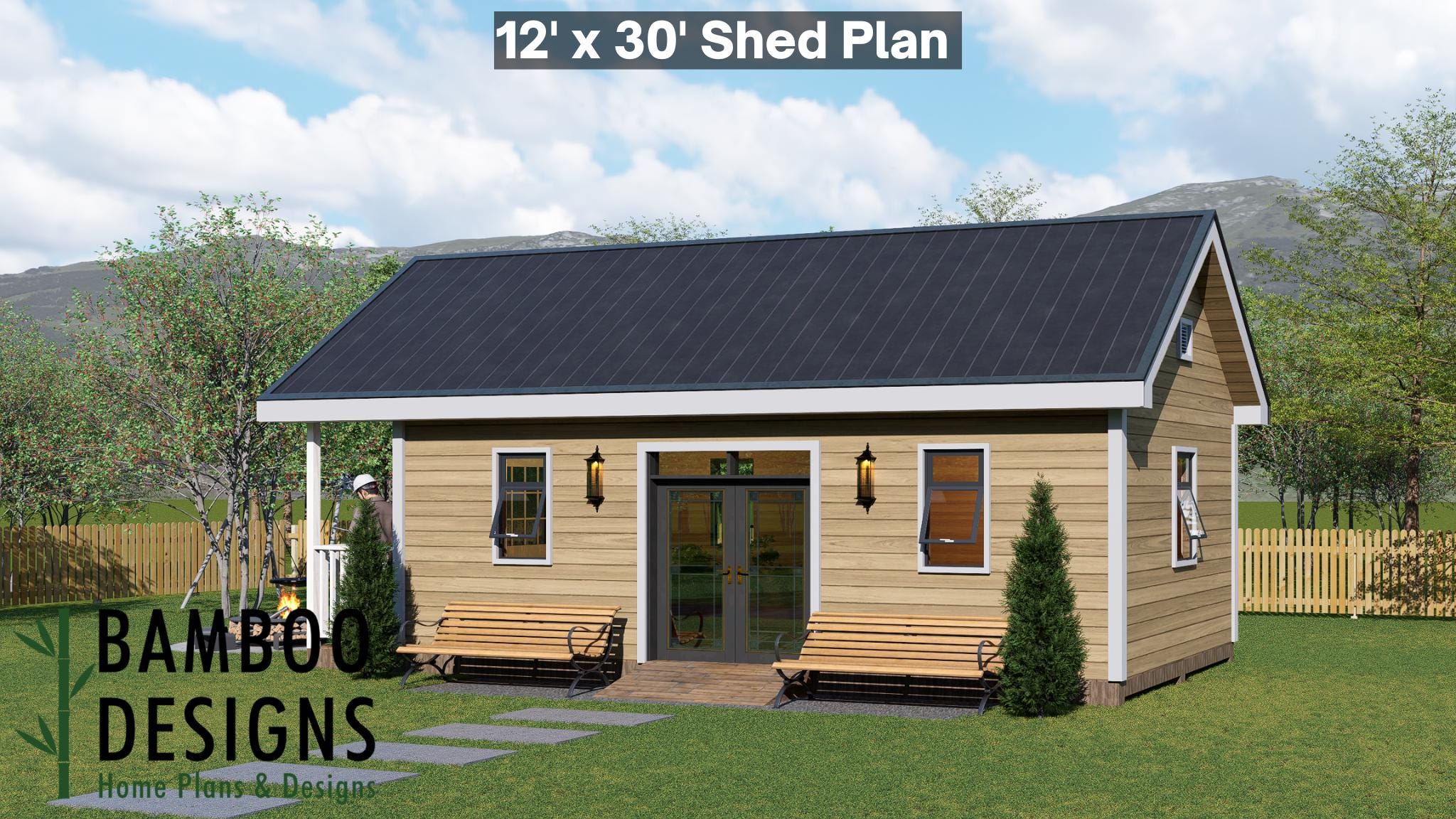 Image of Eclipta 12x30 Gable Roof Shed Plan - Workshop, Studio, or Backyard Office with Porch | DIY Building Plans (PDF)