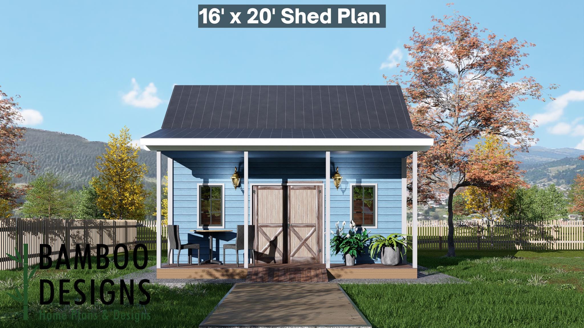 Image of Bruna 16x20 Shed Plan - A Classic Gable Shed with a Spacious Covered Porch