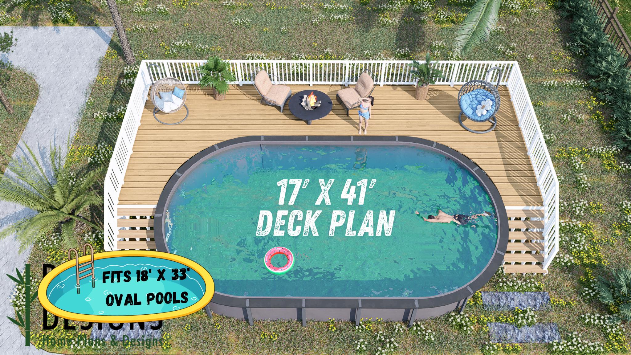 Image of Lakeside Oval Pool Deck Plan - 17x41 Elevated Above-Ground Pool Deck with 6-Step Entry | DIY PDF Plans