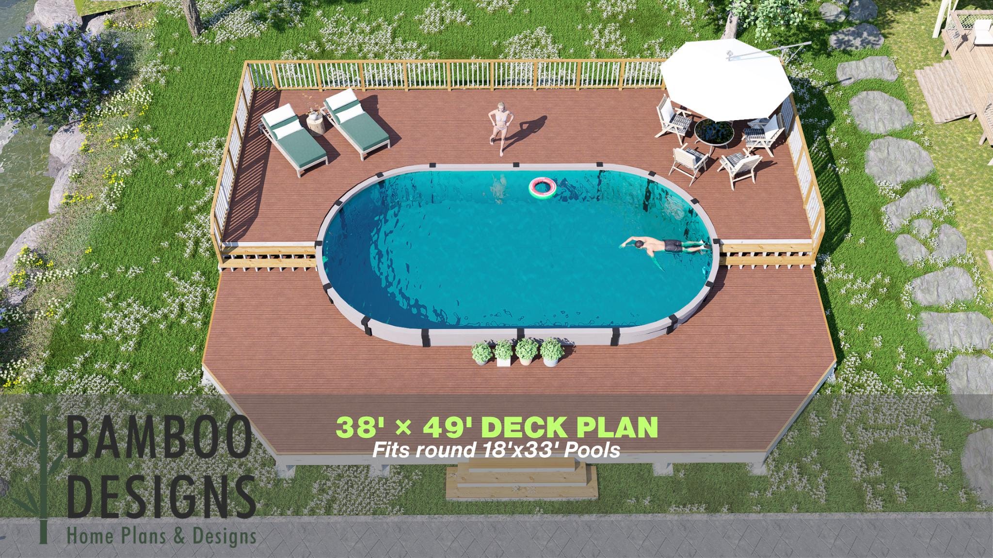 Image of Rocksteady Oval Pool Deck Plan - 38x49 Above-Ground Pool Deck for 18x33 Oval Pools with Wraparound Access | DIY PDF Plans