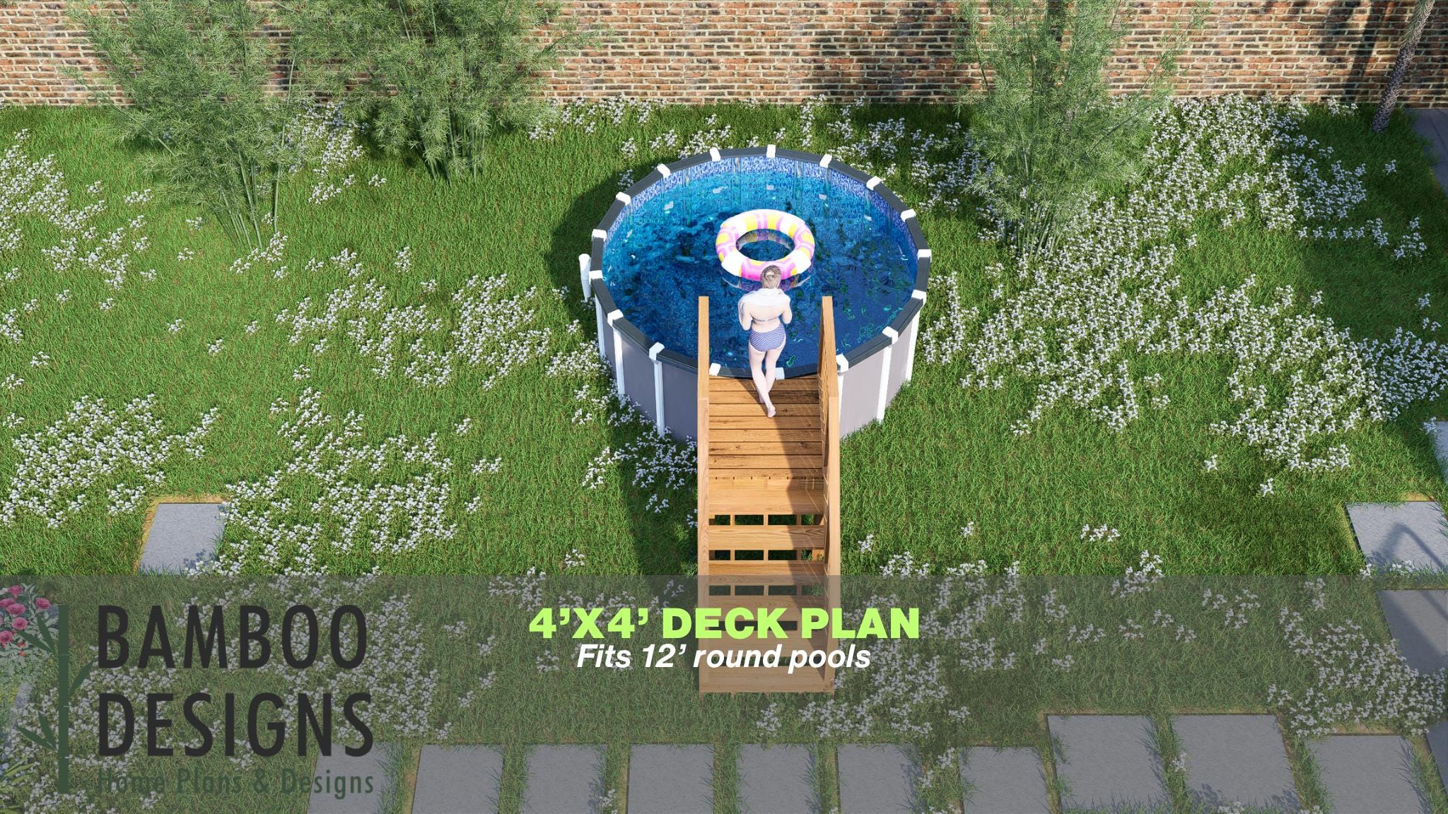 Image of Catalina Circle Pool Deck Plan - 4x4 Compact Above-Ground Pool Entry Deck with Staircase | DIY PDF Plans for 12' Round Pools