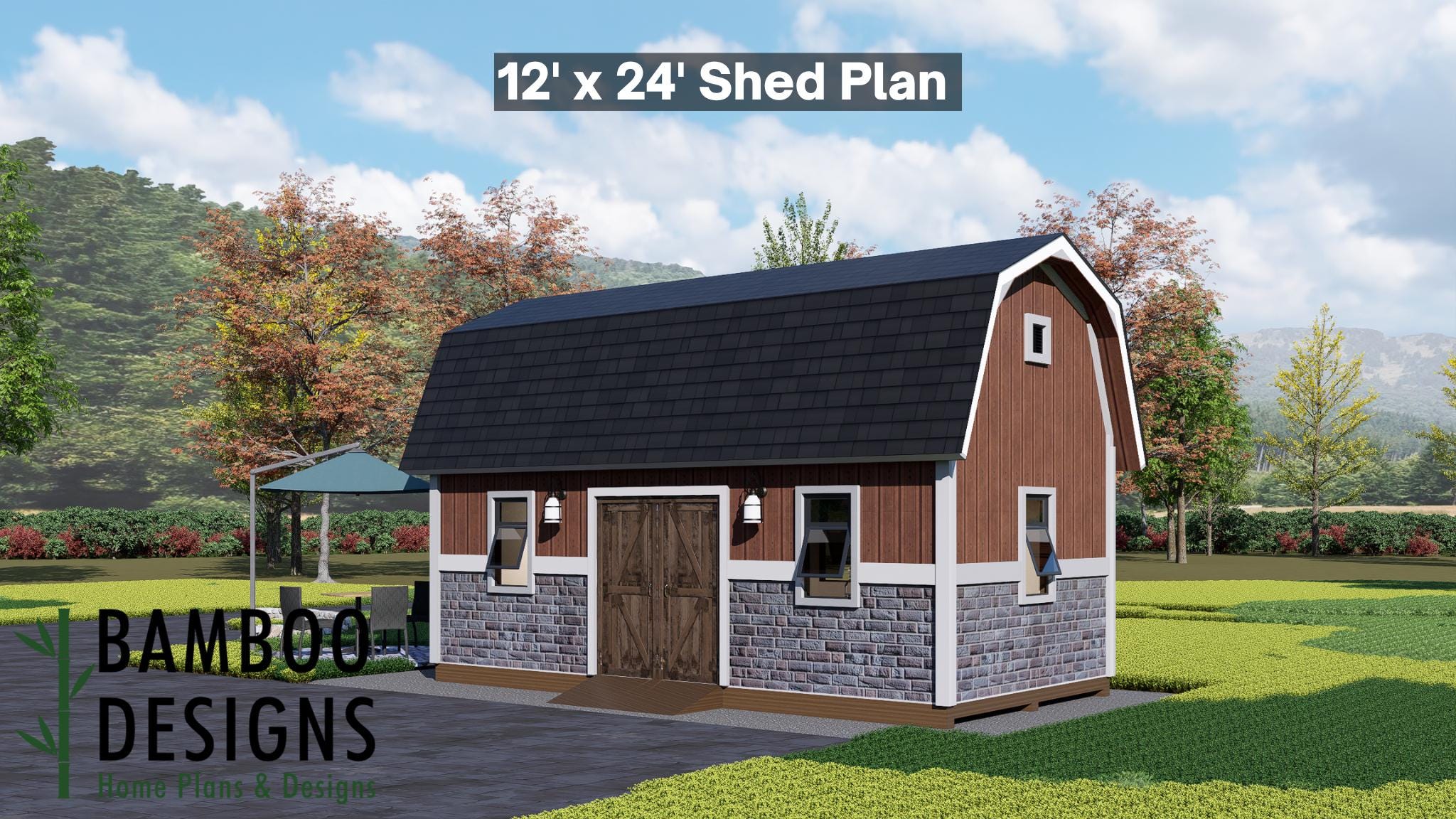 Image of Una 12x24 Gambrel Roof Shed Plan - Spacious Barn-Style Storage & Workshop
