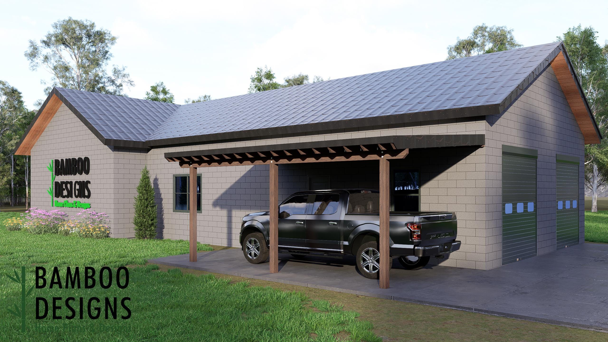 Image of Ledger Sloped Roof 12x20 Carport Plan - Lean to Wall Modern Car Shelter PDF - DIY Car Cover for Rural or Suburban Homes