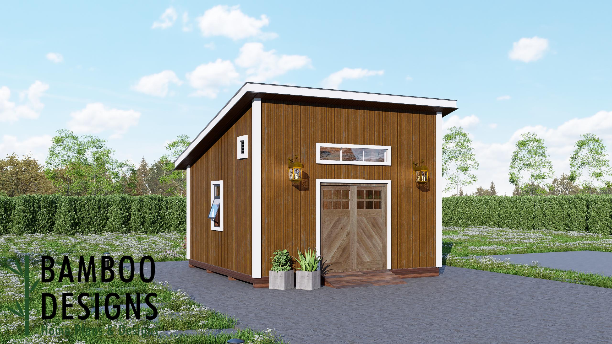 Image of Heather 16x16 Monoslope Roof Shed Plan - Modern Backyard Studio, Workshop, or Storage Shed
