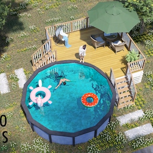 Twentynine Palms 17x17 Pool Deck Plan – Elevated Corner Deck for 16ft Above-Ground Pools | PDF + DWG DIY Plans