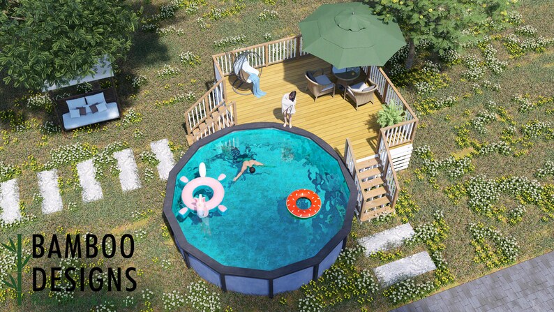 May include: An overhead shot of a garden featuring a circular swimming pool, a wooden deck with a green parasol, and a seating area. The pool has two inflatable rings. The text "BAMBOO DESIGNS" is visible in the lower left corner.