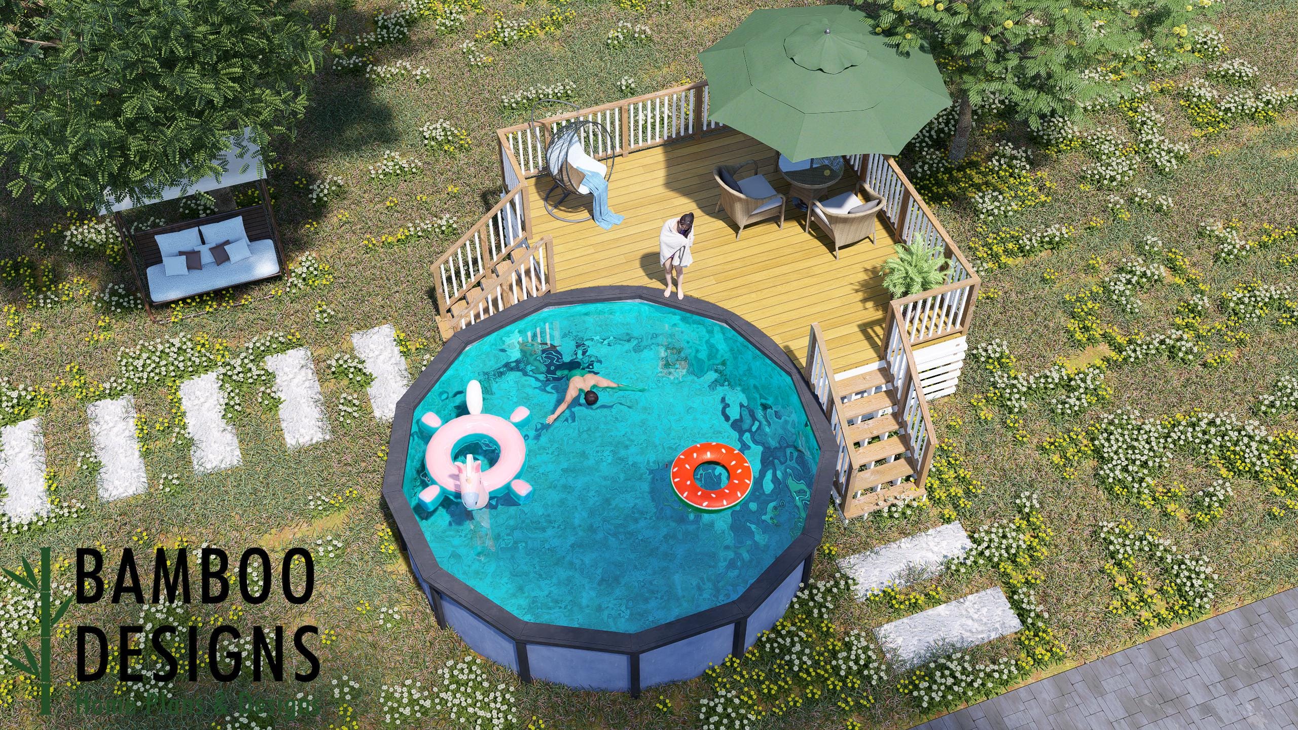 Image of Twentynine Palms 17x17 Pool Deck Plan - Elevated Corner Deck for 16ft Above-Ground Pools | PDF + DWG DIY Plans