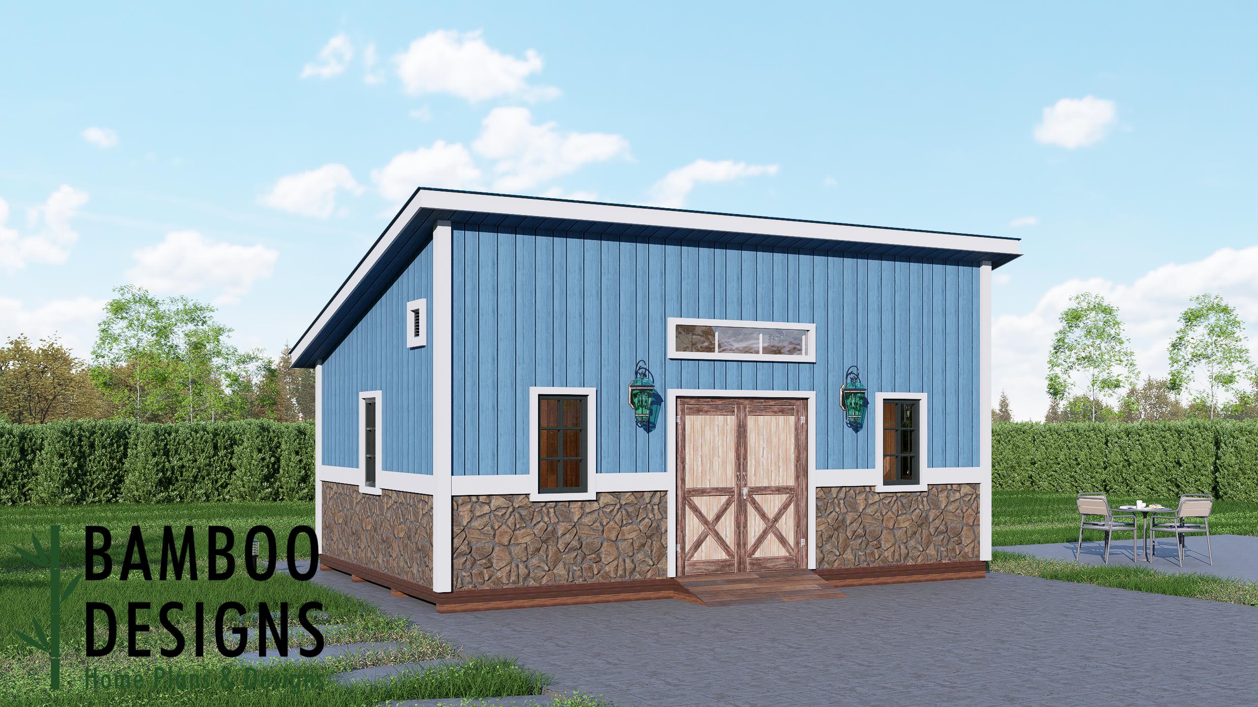Image of Camella 16x24 Monoslope Roof Shed Plan - Modern Backyard Studio, Workshop, or Storage Building