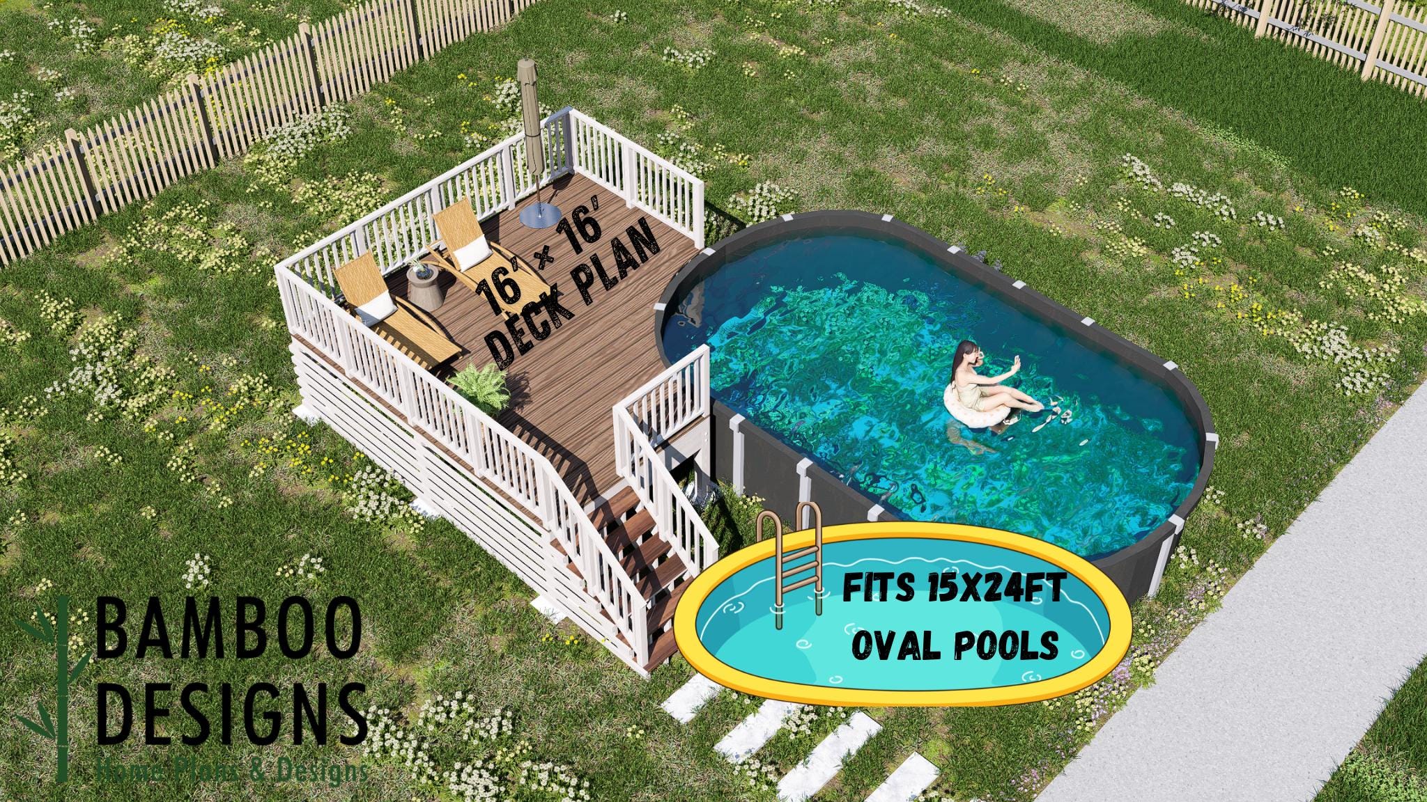 Image of Faramir Oval Pool Deck Plan — 16x16 Deck for 15x24 Above-Ground Pools