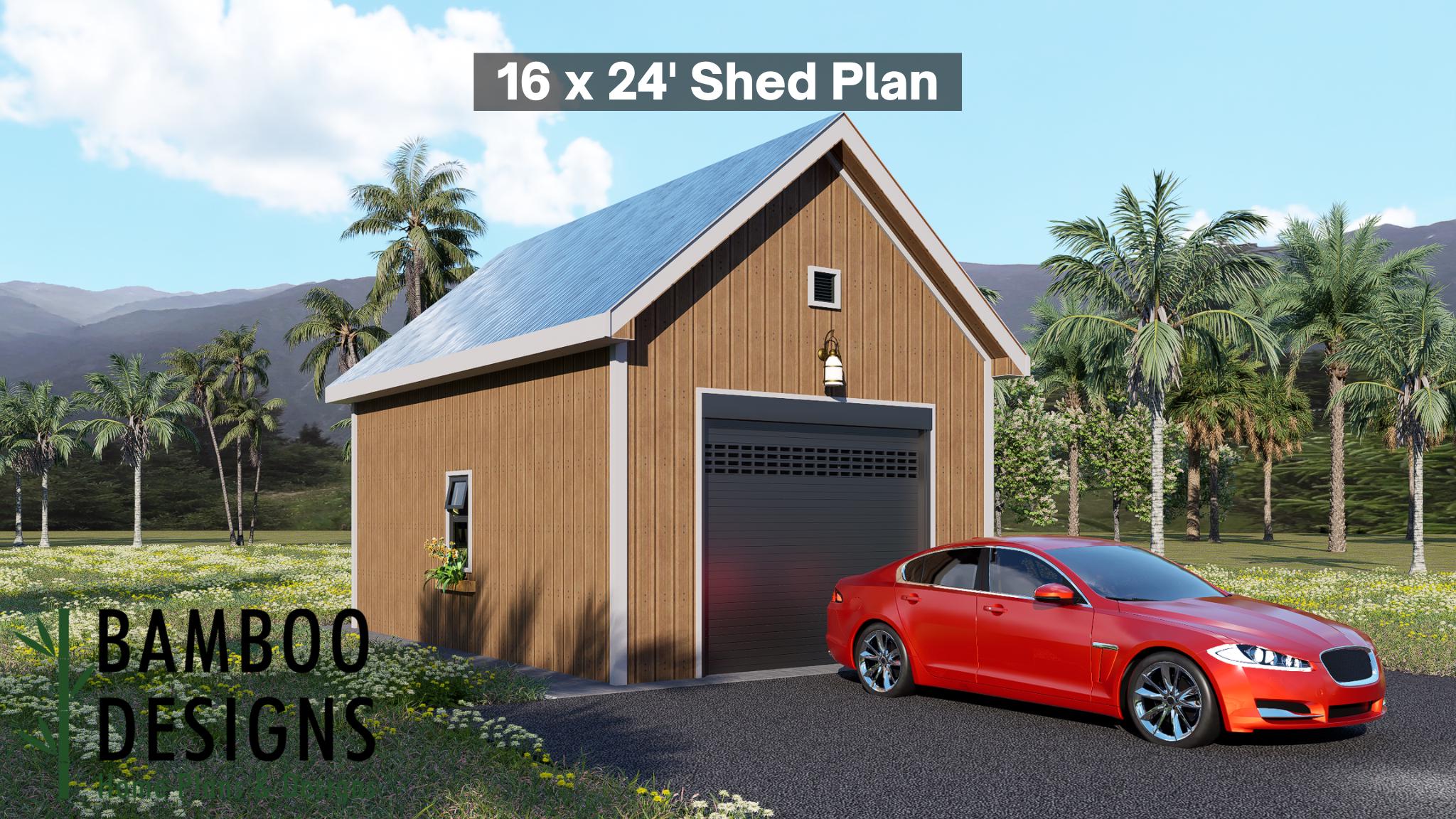 Image of Groot 16x24 Garage Shed Plan - Modern Garage with Loft | Workshop, Storage, or Studio Building | DIY Shed Design (PDF)