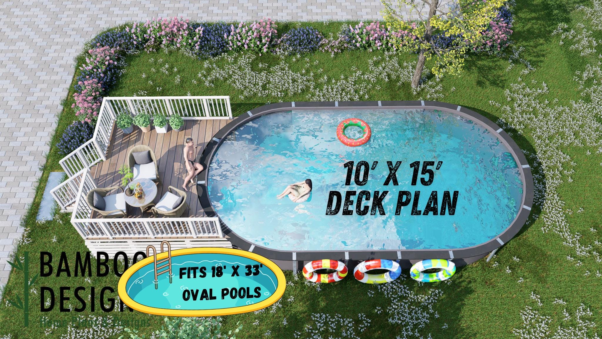 Image of Charleston Oval Pool Deck Plan - 10x15 Elevated Outdoor Dining Deck with 6-Step Entry | DIY PDF Plans