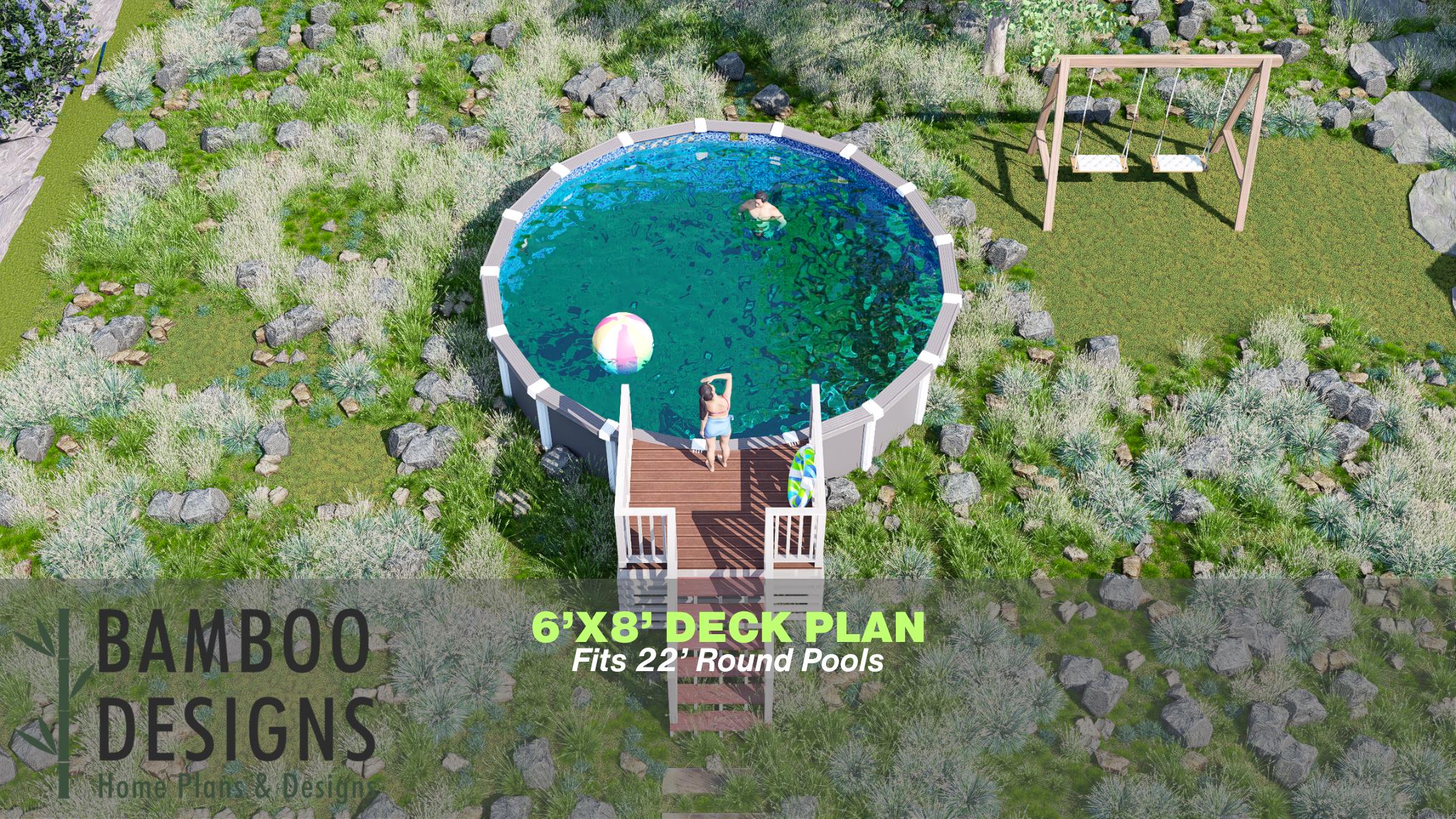 Image of Elowen Round Pool Deck Plan - 6x8 Above-Ground Pool Entry Deck with Staircase | DIY PDF Plans