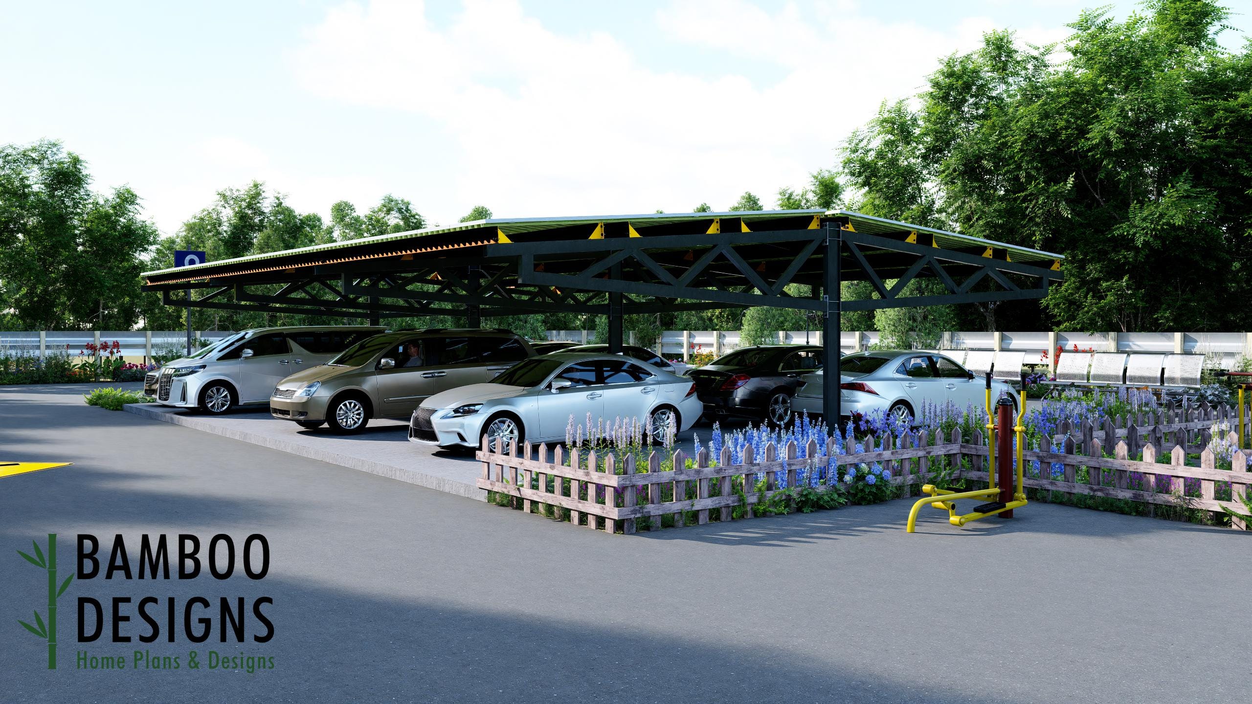 Image of Modular Steel Carport Plans - 18x38 Cantilever Roof - Expandable Parking Shade - Commercial or Residential Use - PDF Download