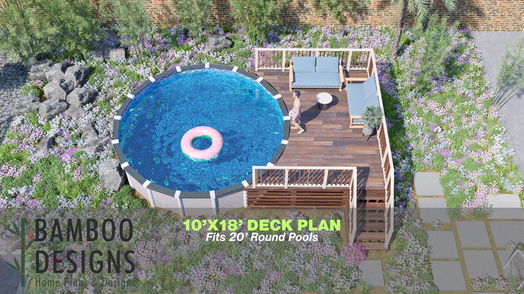 Image of Woodstock Round Pool Deck Plan - 10x18 Large Above-Ground Pool Deck with Staircase for 20' Pools | DIY PDF Plans