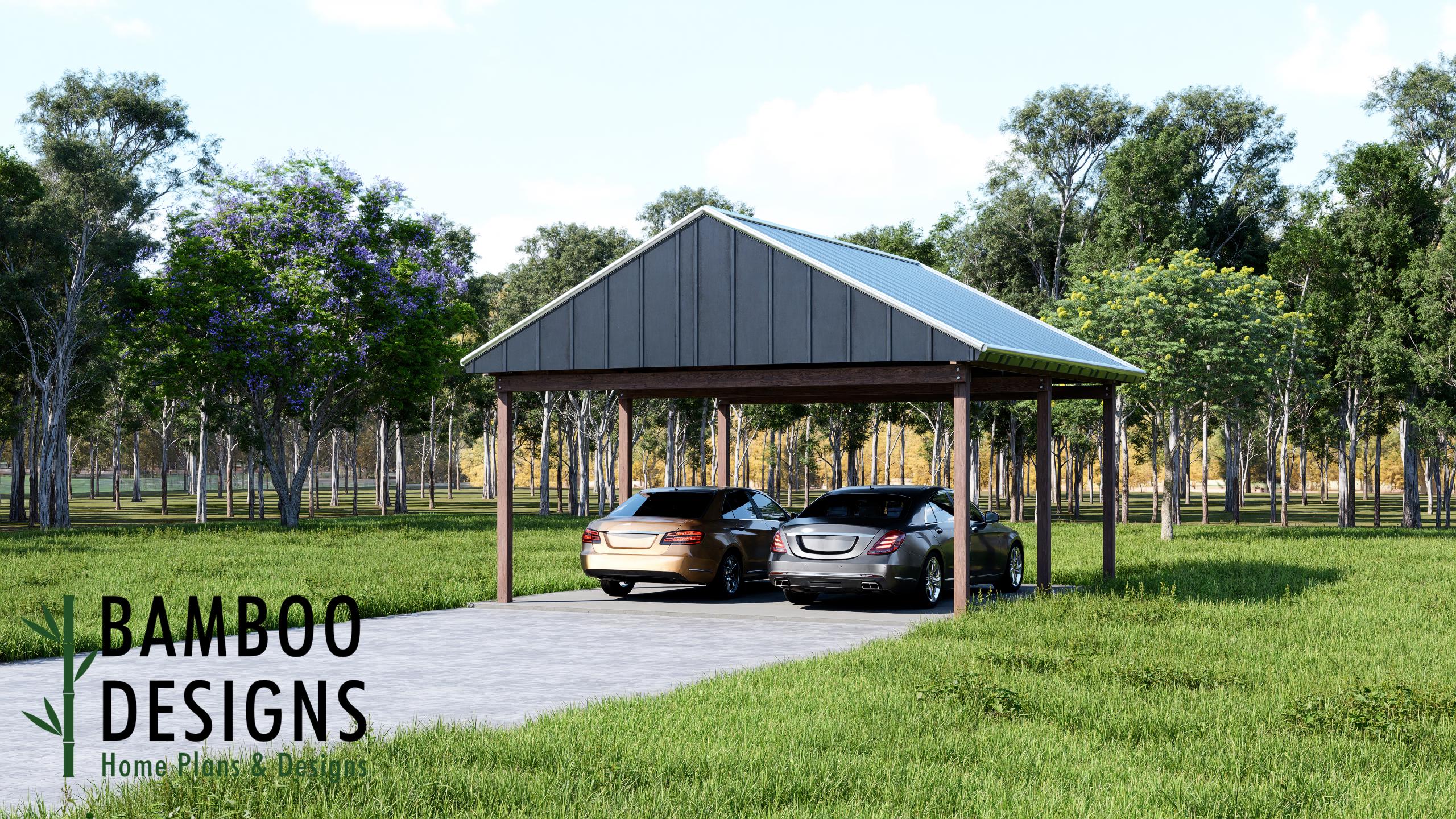 Image of Las Vegas 20x20 Carport Blueprints - Freestanding Gable Roof Car Shelter - Modern 2-Car DIY Kit Plans