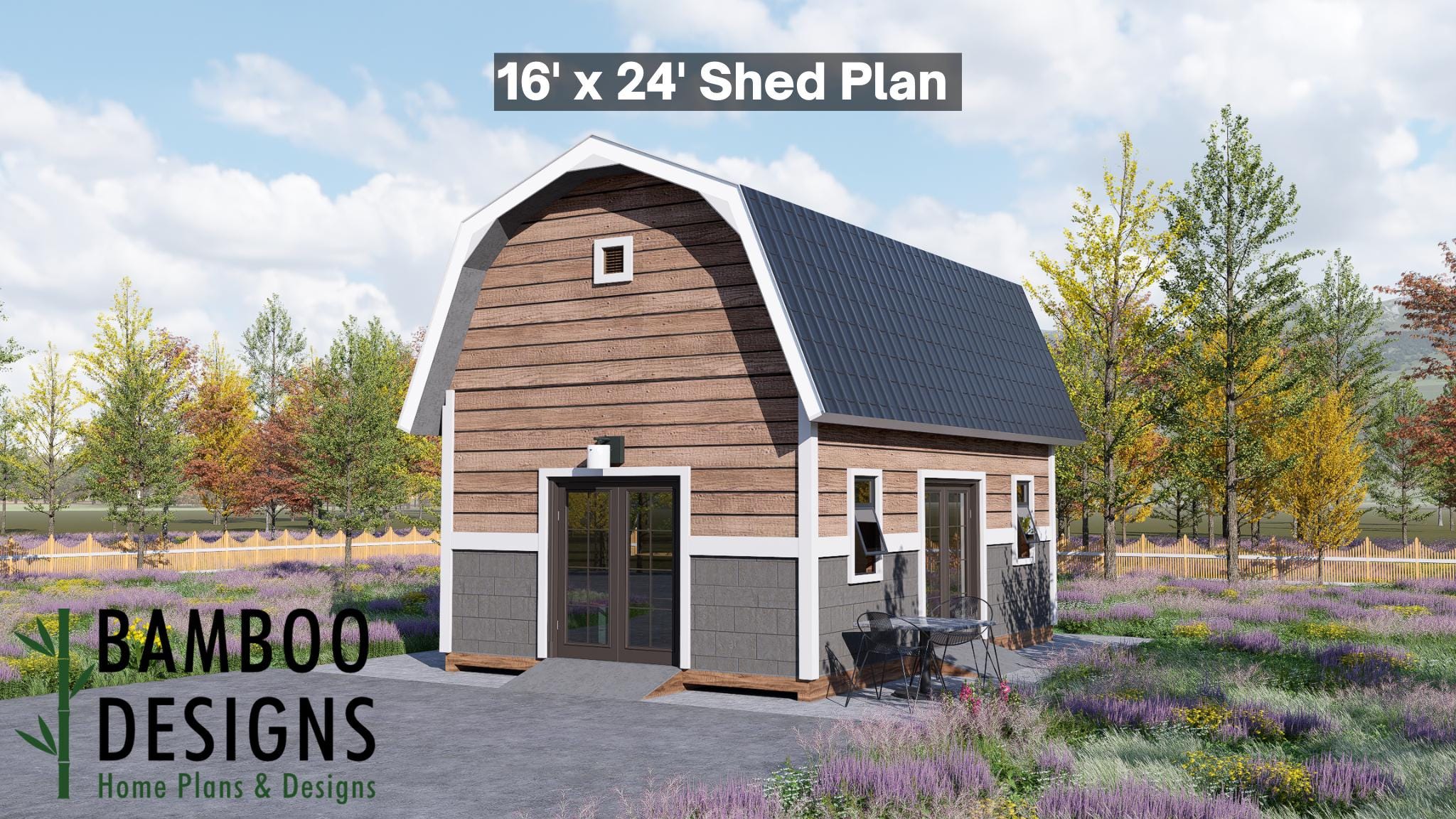 Image of Yelena 16x24 Gambrel Roof Shed Plan - Large Barn-Style Storage & Workshop