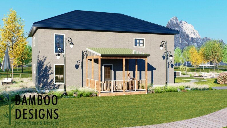 Adda 14x16 Covered Deck Plan — Ground-Level Backyard Deck with Gable Porch Roof plan by Bamboo Designs