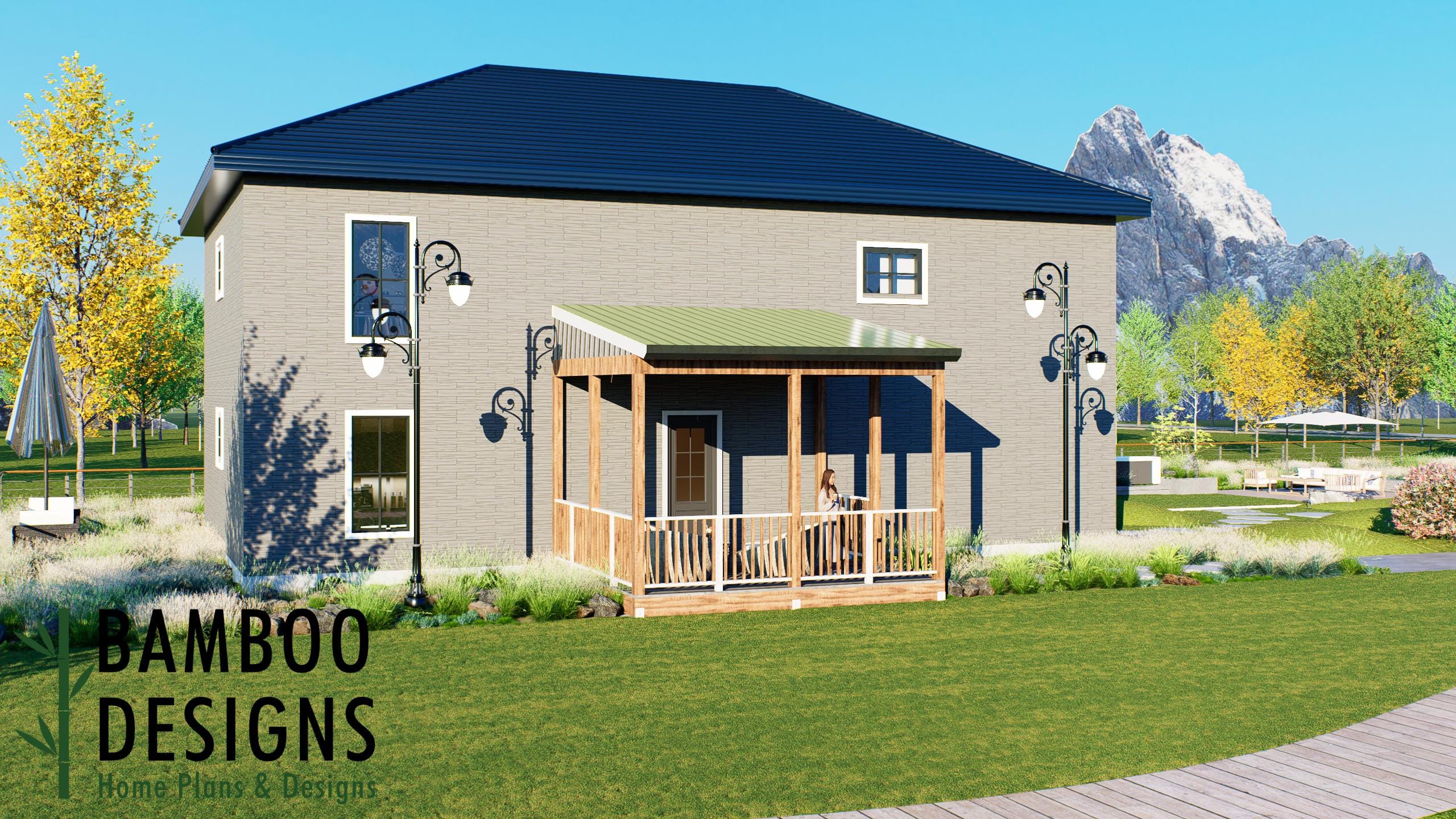 Image of Adda 14x16 Covered Deck Plan — Ground-Level Backyard Deck with Gable Porch Roof | DIY PDF Plans