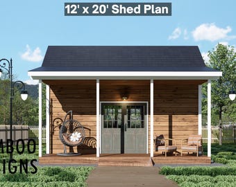 Evazan Porch Shed Plan — 12x20 Modern Cabin-Style Shed with Covered Outdoor Lounge