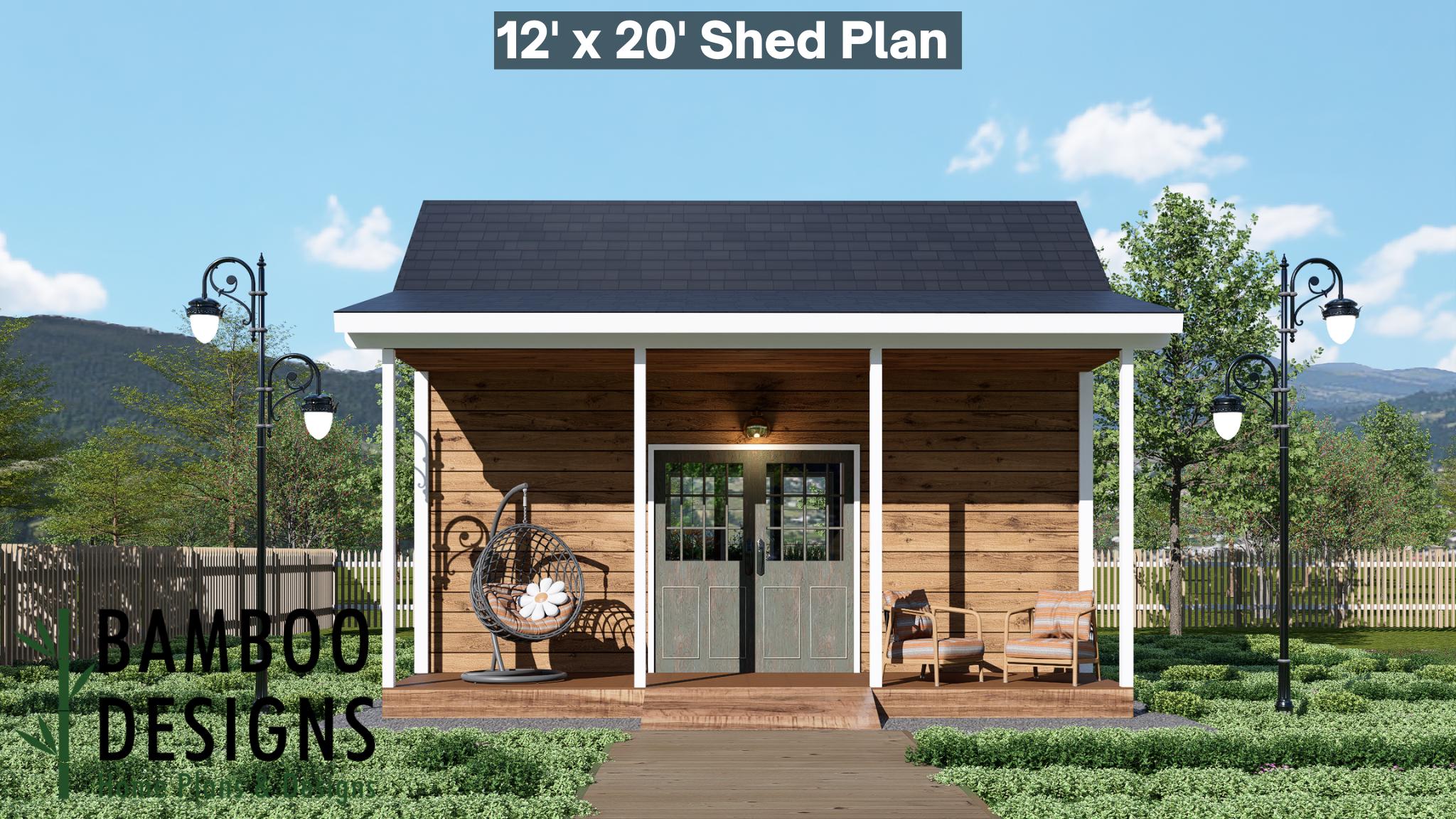 Image of Evazan Porch Shed Plan - 12x20 Modern Cabin-Style Shed with Covered Outdoor Lounge