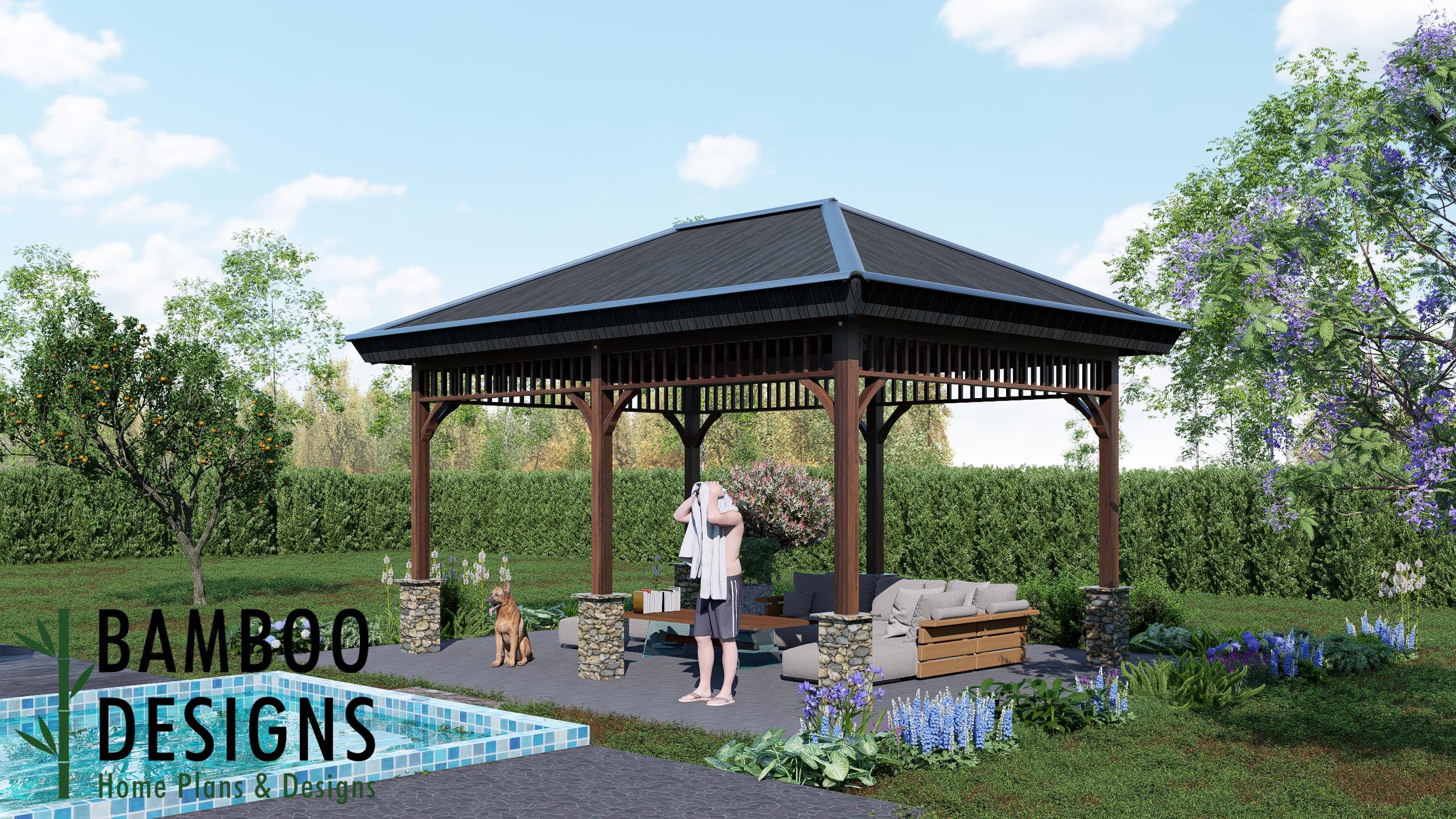 Image of Geneva 14x20 Hip Roof Gazebo Plan - Elegant Outdoor Pavilion with Stone Columns | DIY Covered Patio PDF