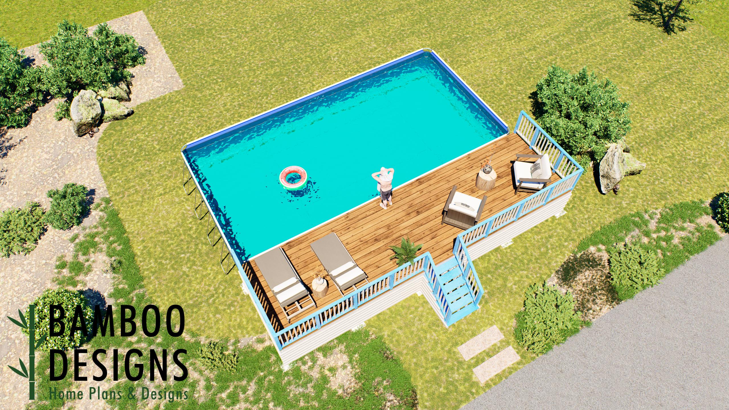 Image of Waverly 10x36 Pool Deck Plan — Full-Length Rectangular Deck for 36' x 18' x 52" Above Ground Pool | DIY PDF Plans