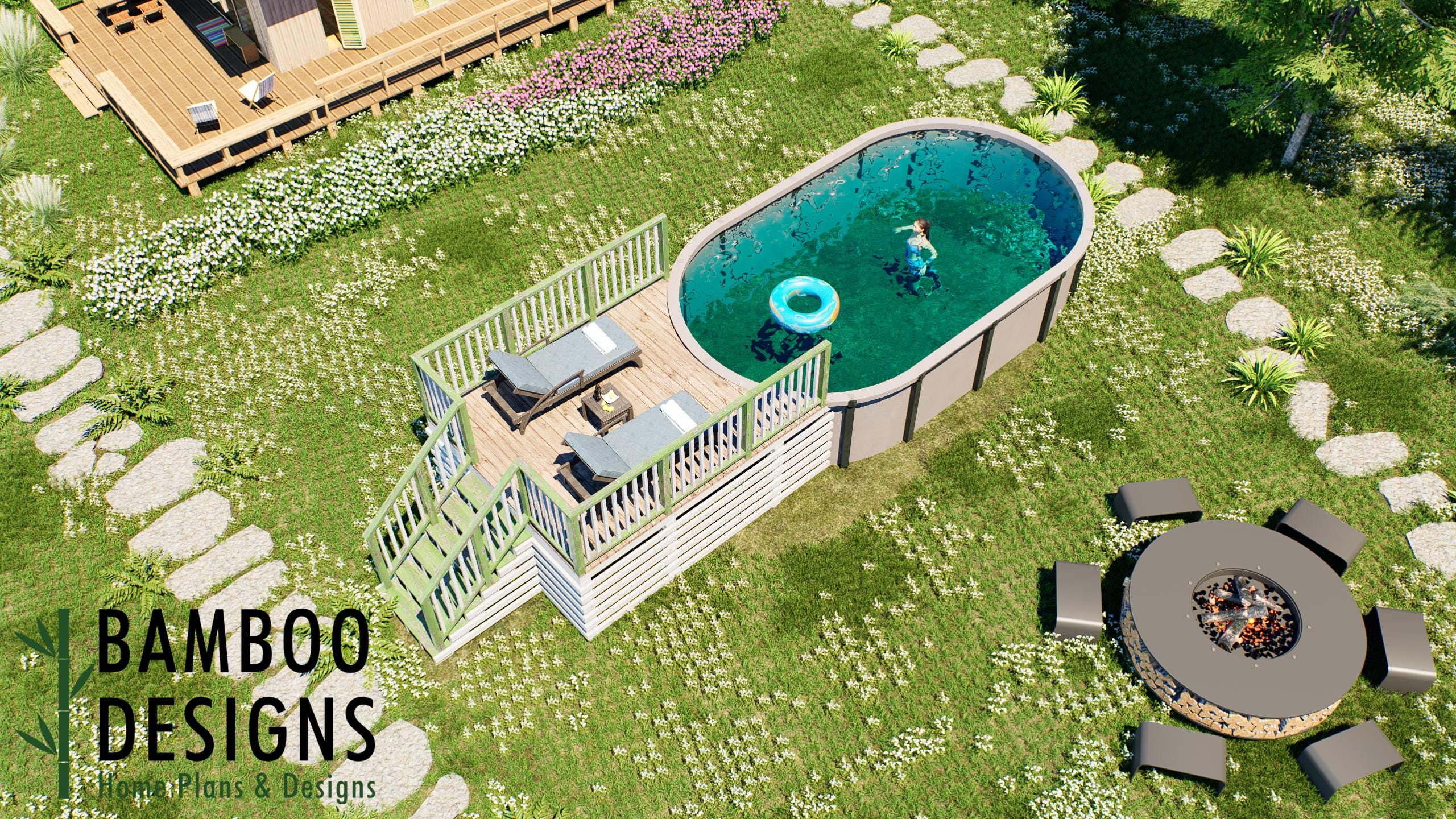 Image of Tickey Oval Pool Deck Plan - 10'x10' Above-Ground Pool Deck for 12'x21' Oval Pools with Staircase & Railings | DIY PDF Plans