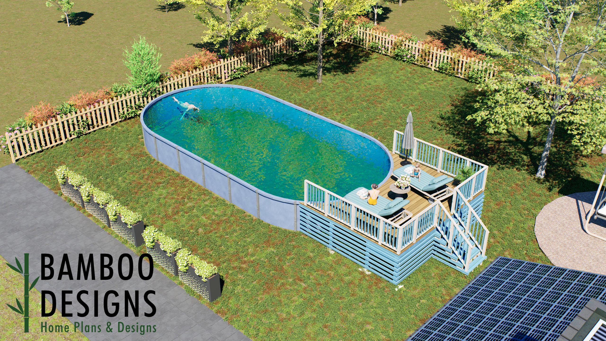 Image of Apollo Oval Pool Deck Plan - 10'x18' Above-Ground Pool Deck with Staircase & Safety Railings | DIY PDF Plans