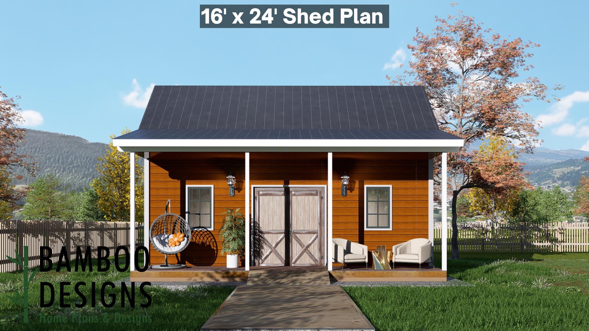 Image of Cooper 16x24 Gable Shed Plan - A Rustic-Modern Shed with Spacious Covered Porch