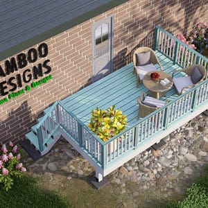 Puede incluir: Una representación arquitectónica de una pequeña terraza con una superficie pintada de azul claro y barandillas blancas. Dos sillas de mimbre y una pequeña mesa redonda están en la terraza. La terraza está unida a un edificio de ladrillo con el texto "BAMBOO DESIGNS".