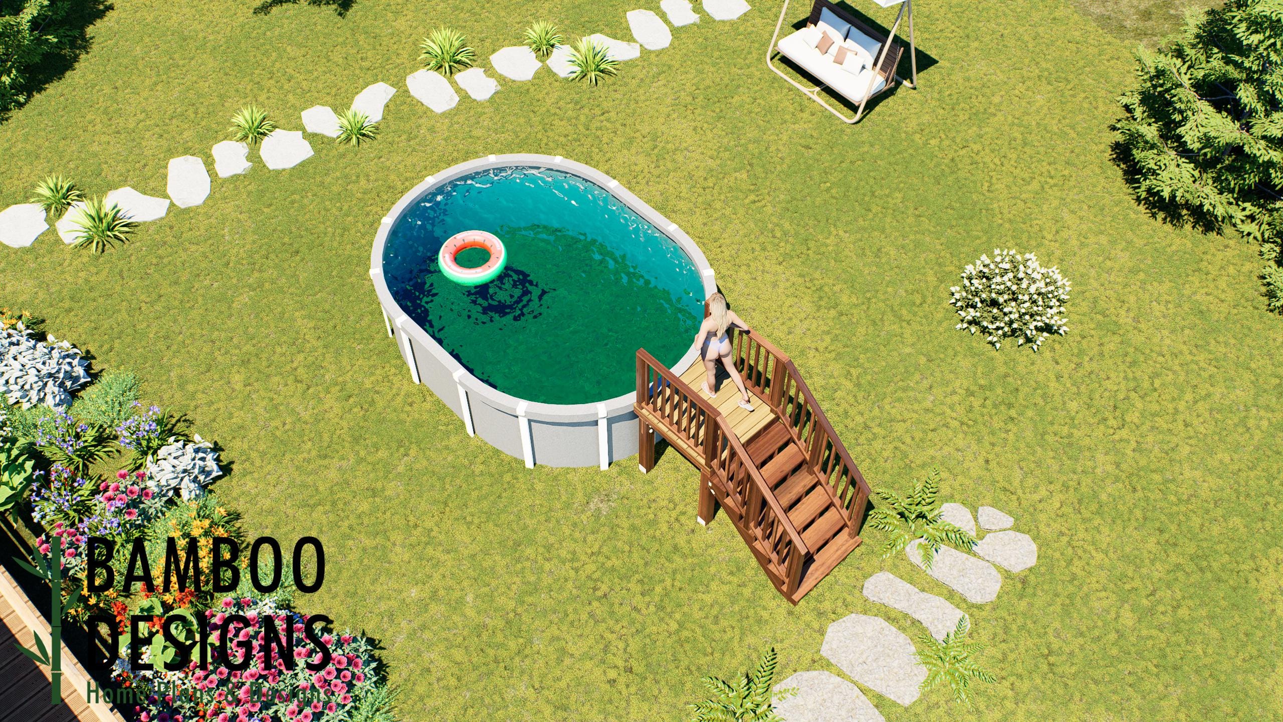 Image of Kobe Oval Pool Deck Plan - 4x4 Compact Above-Ground Pool Entry Deck with Staircase | DIY PDF Plans