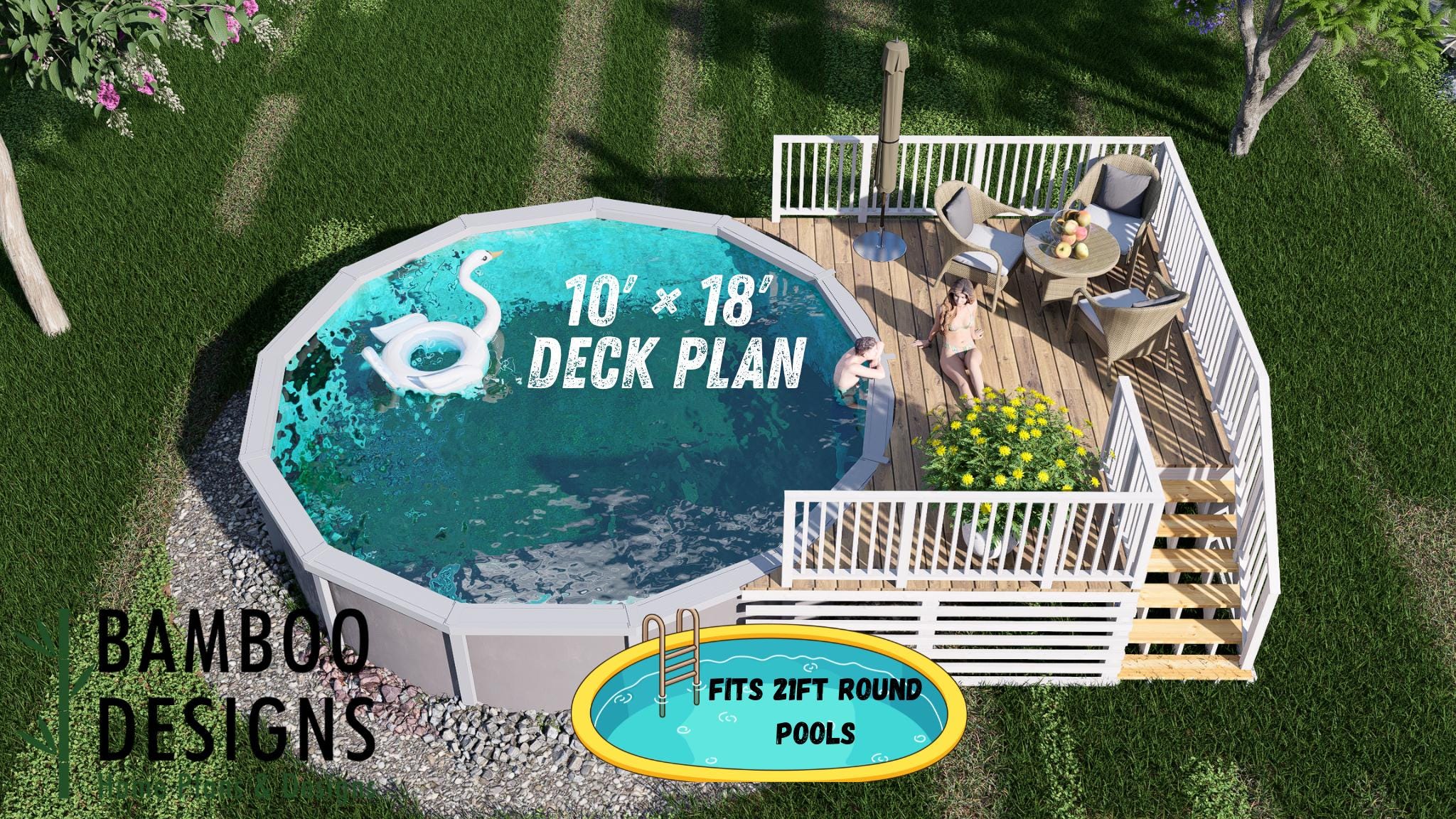 Image of Marble Falls Circle Pool Deck Plan - 10x18 Elevated Deck with 6-Step Staircase | DIY PDF Plans